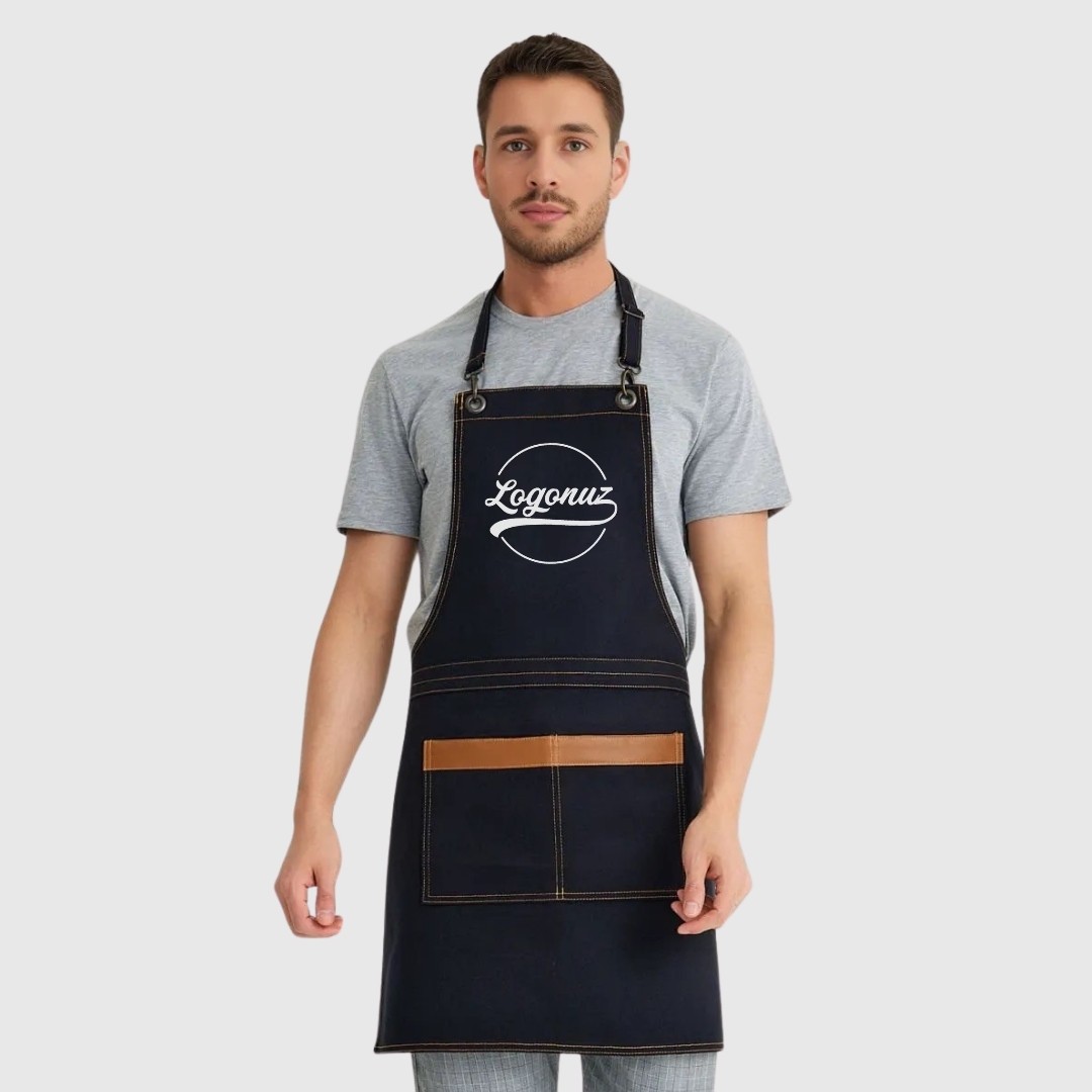 Logo Baskılı Önlük Denim Kumaş Siyah
