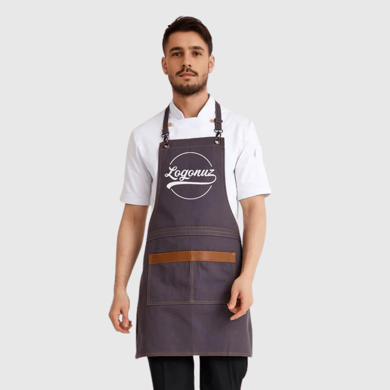 Logo Baskılı Önlük Denim Kumaş Gri
