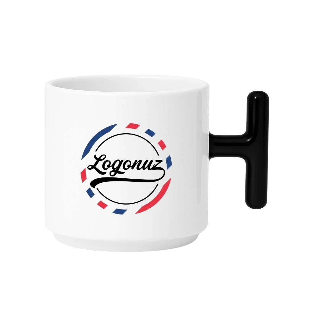 Logo Baskılı Kahve Fincanı T Kulp Siyah Detaylı