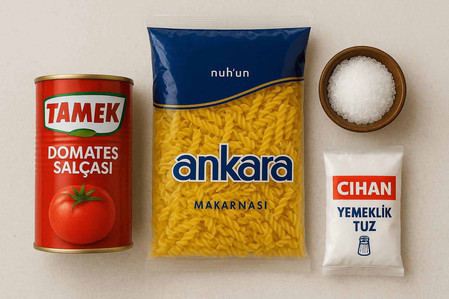 Ankara makarna 10x500gr Tamek Domates salçası 2x830gr Cihan yemeklik Tuz2x750gr