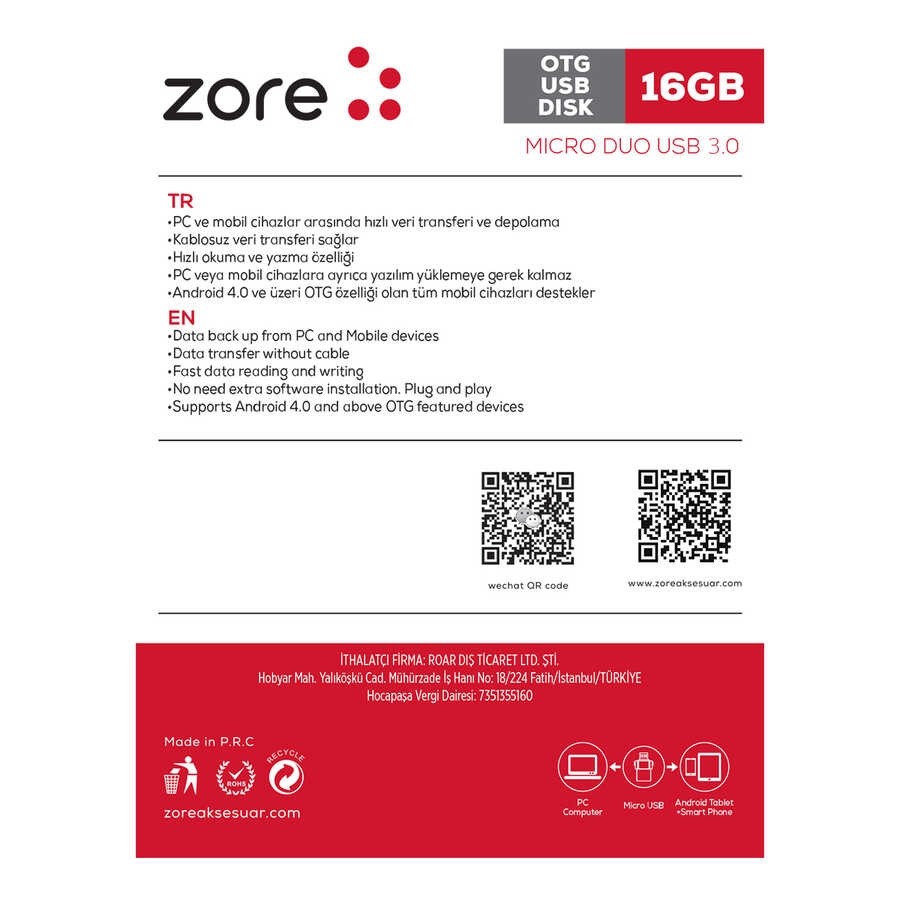 16 GB Zore Micro Gümüş Otg Flash Bellek