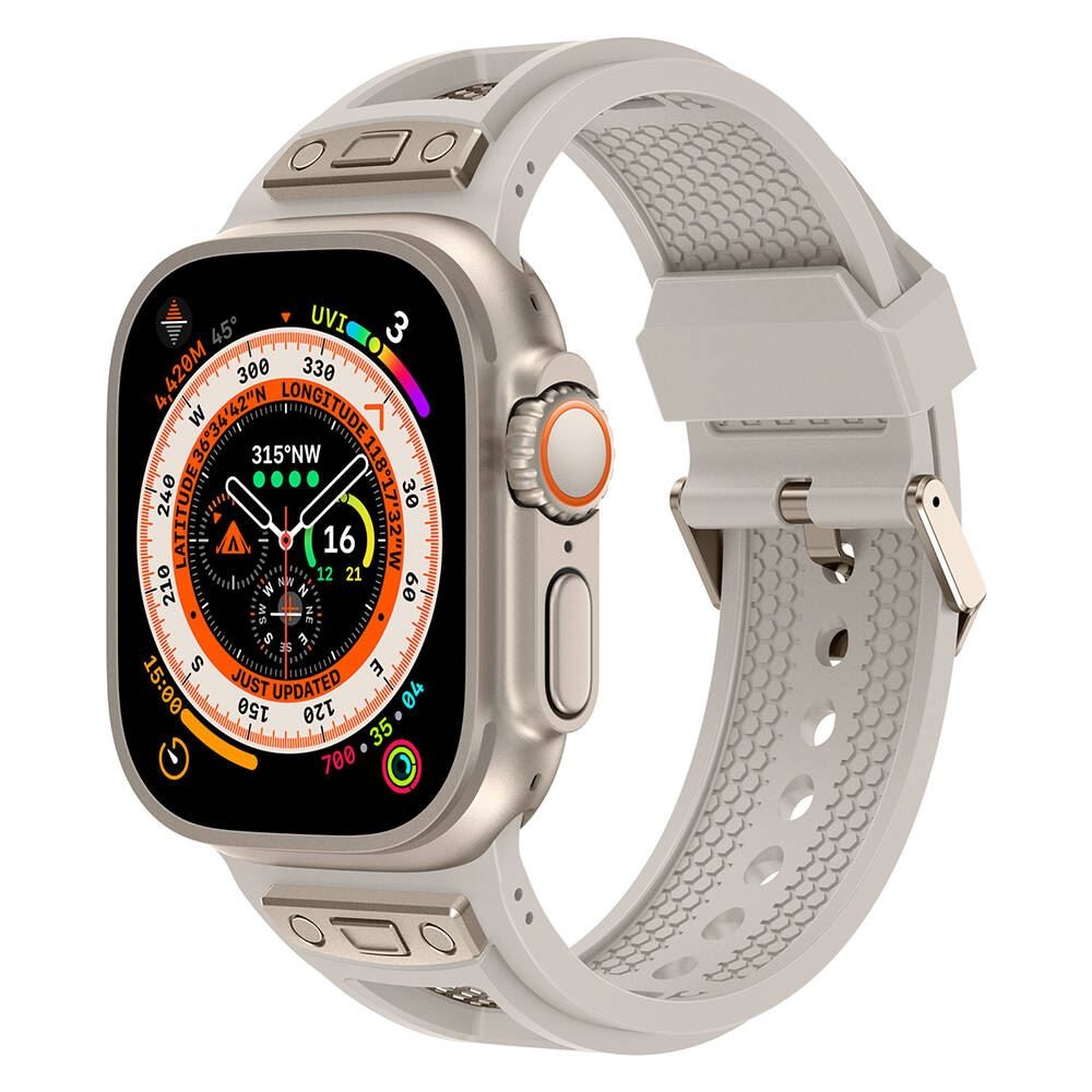 Apple Watch Ultra 49mm KRD-117 Hava Alabilen Delikli Metal Süslemeli Desenli SilikonKordon