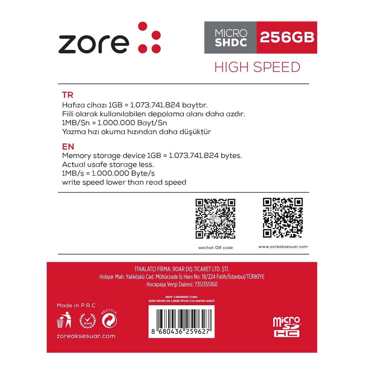 256 GB Zore Micro SD Hafıza Kartı