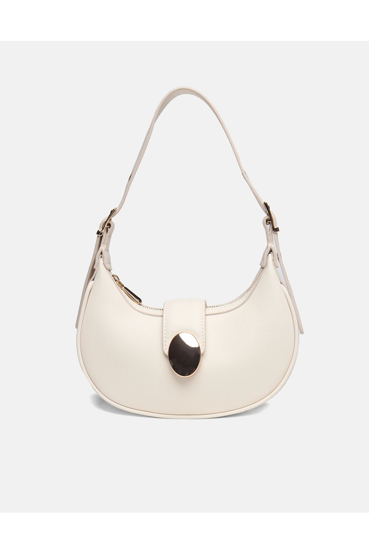 Juvis Bag Oval Charm Beyaz Suni Deri Fermuarlı Baget Kadın Omuz Çantası Gizli Gözlü Askılı - krem