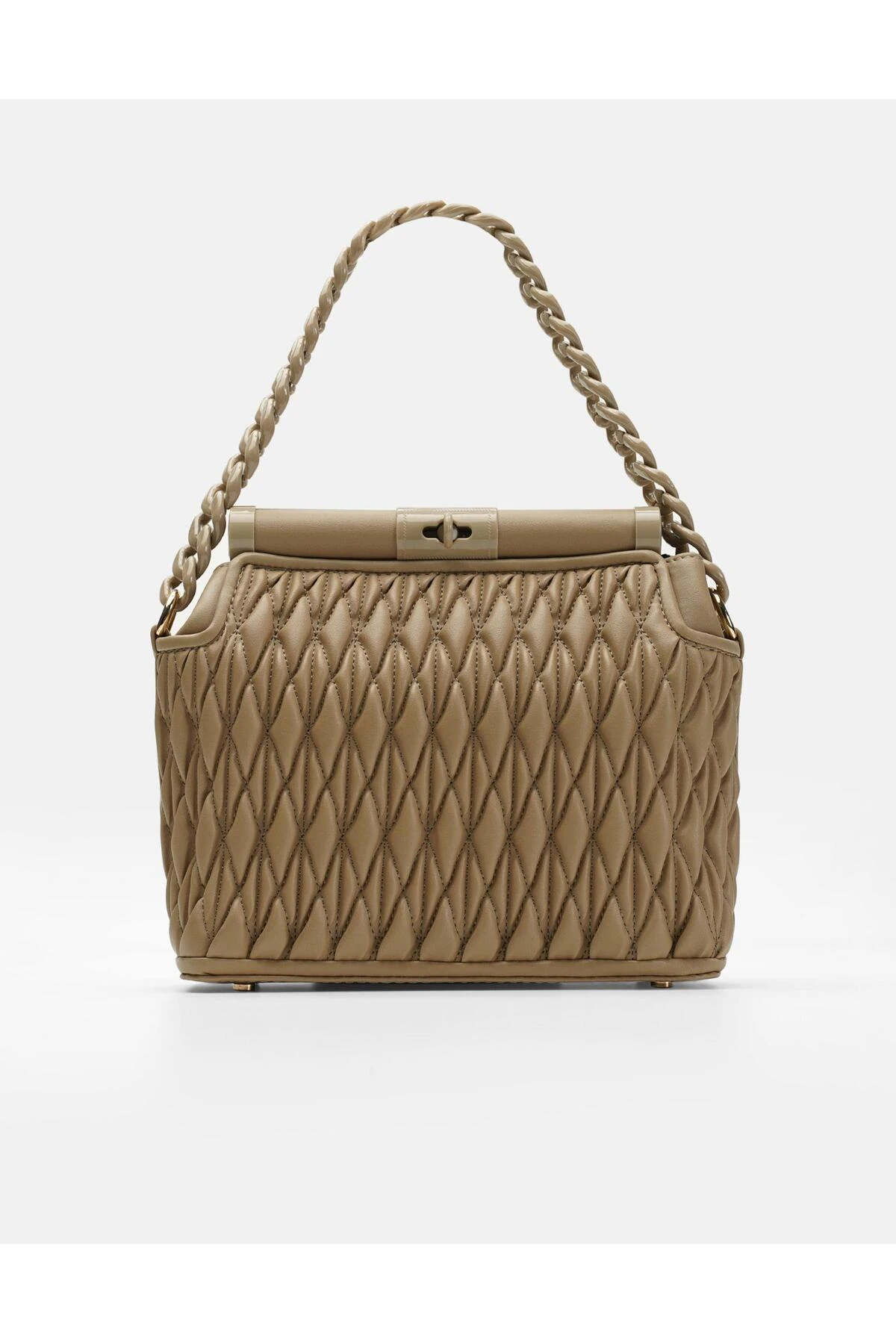 Bag Midnight Elegance Gümüş Gri Zincir Detaylı Suni Deri Kadın Kol ve Omuz Çantası - vizon