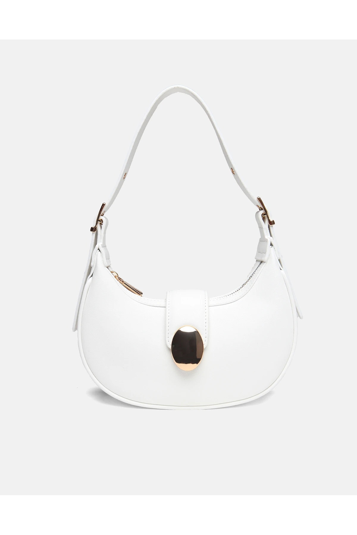Juvis Bag Oval Charm Beyaz Suni Deri Fermuarlı Baget Kadın Omuz Çantası Gizli Gözlü Askılı - beyaz