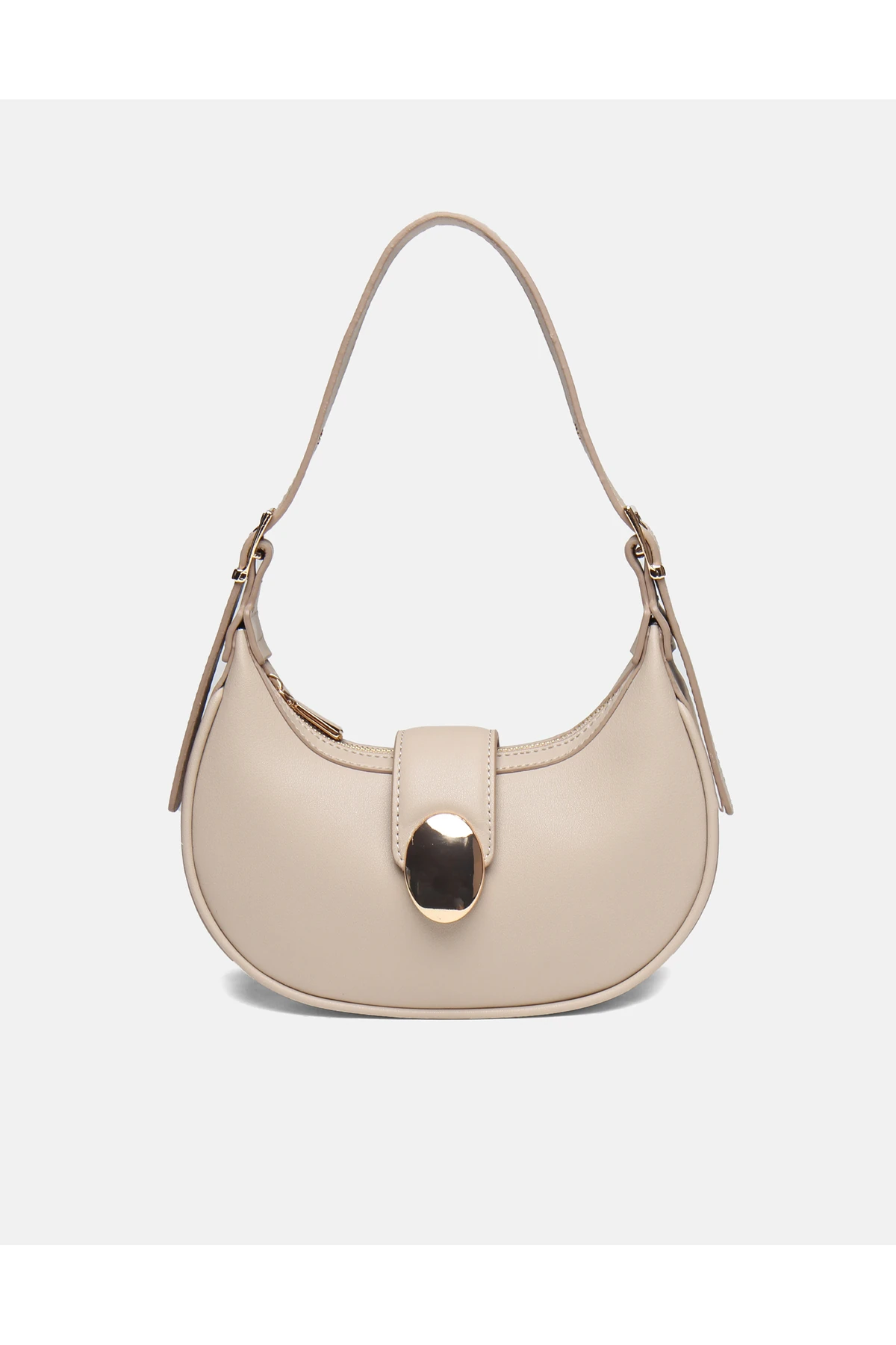 Juvis Bag Oval Charm Beyaz Suni Deri Fermuarlı Baget Kadın Omuz Çantası Gizli Gözlü Askılı - vizon