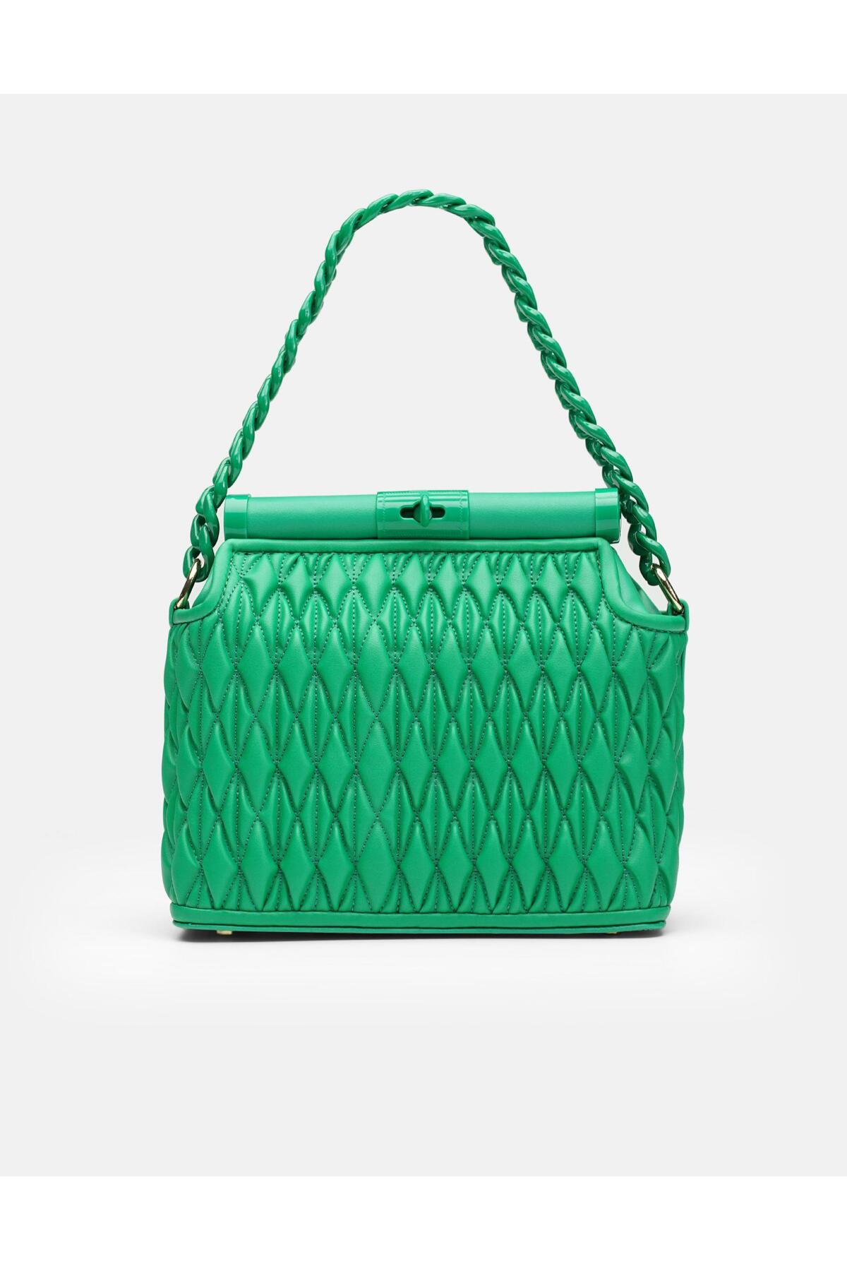 Bag Midnight Elegance Gümüş Gri Zincir Detaylı Suni Deri Kadın Kol ve Omuz Çantası - Yeşil