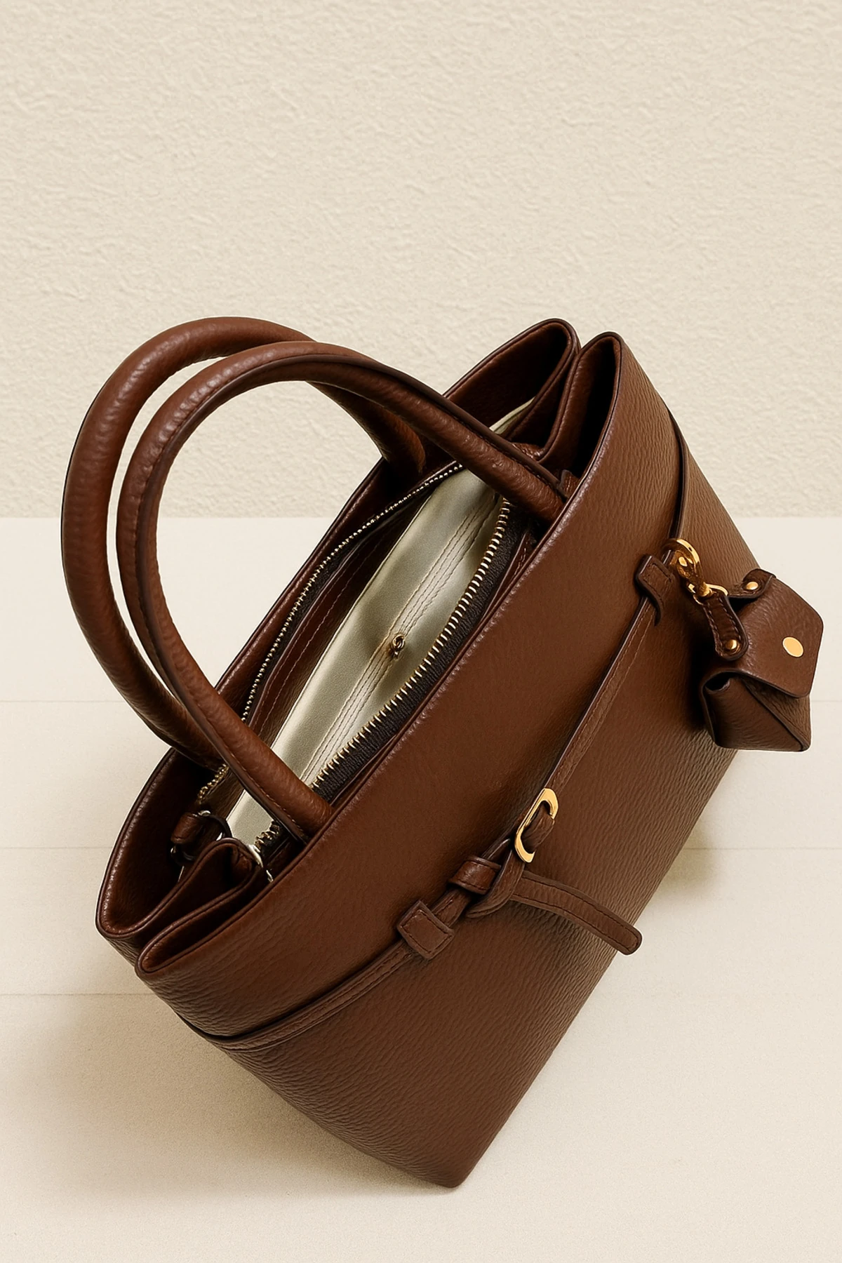 Bag Classic Buckle Kahverengi Fermuarlı Suni Deri Kadın El Çantası Mini Cüzdanlı