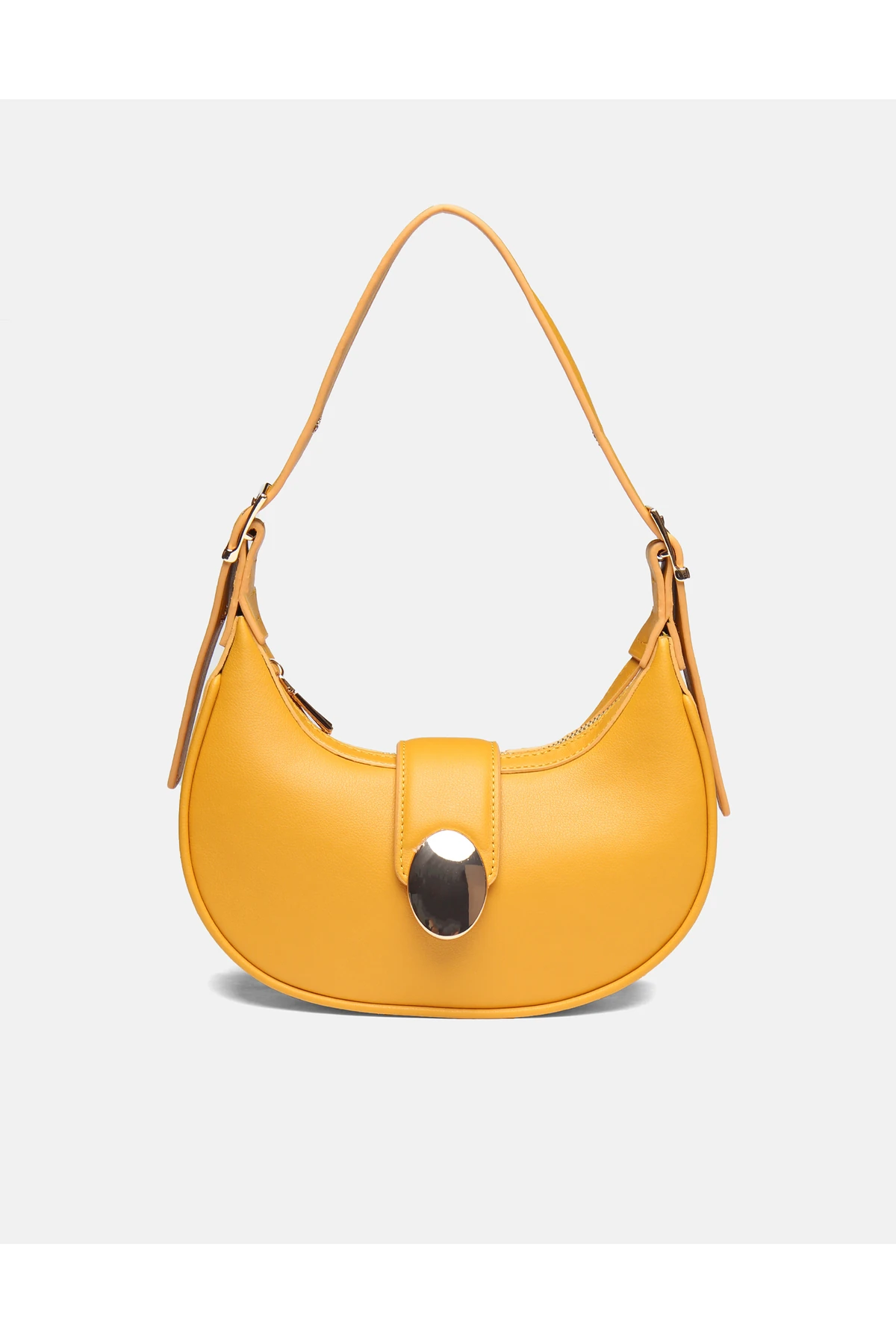 Juvis Bag Oval Charm Beyaz Suni Deri Fermuarlı Baget Kadın Omuz Çantası Gizli Gözlü Askılı - hardal