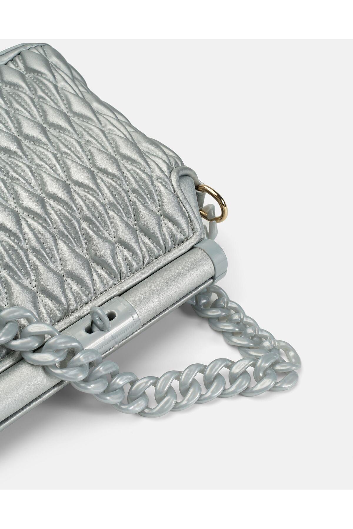 Bag Midnight Elegance Gümüş Gri Zincir Detaylı Suni Deri Kadın Kol ve Omuz Çantası