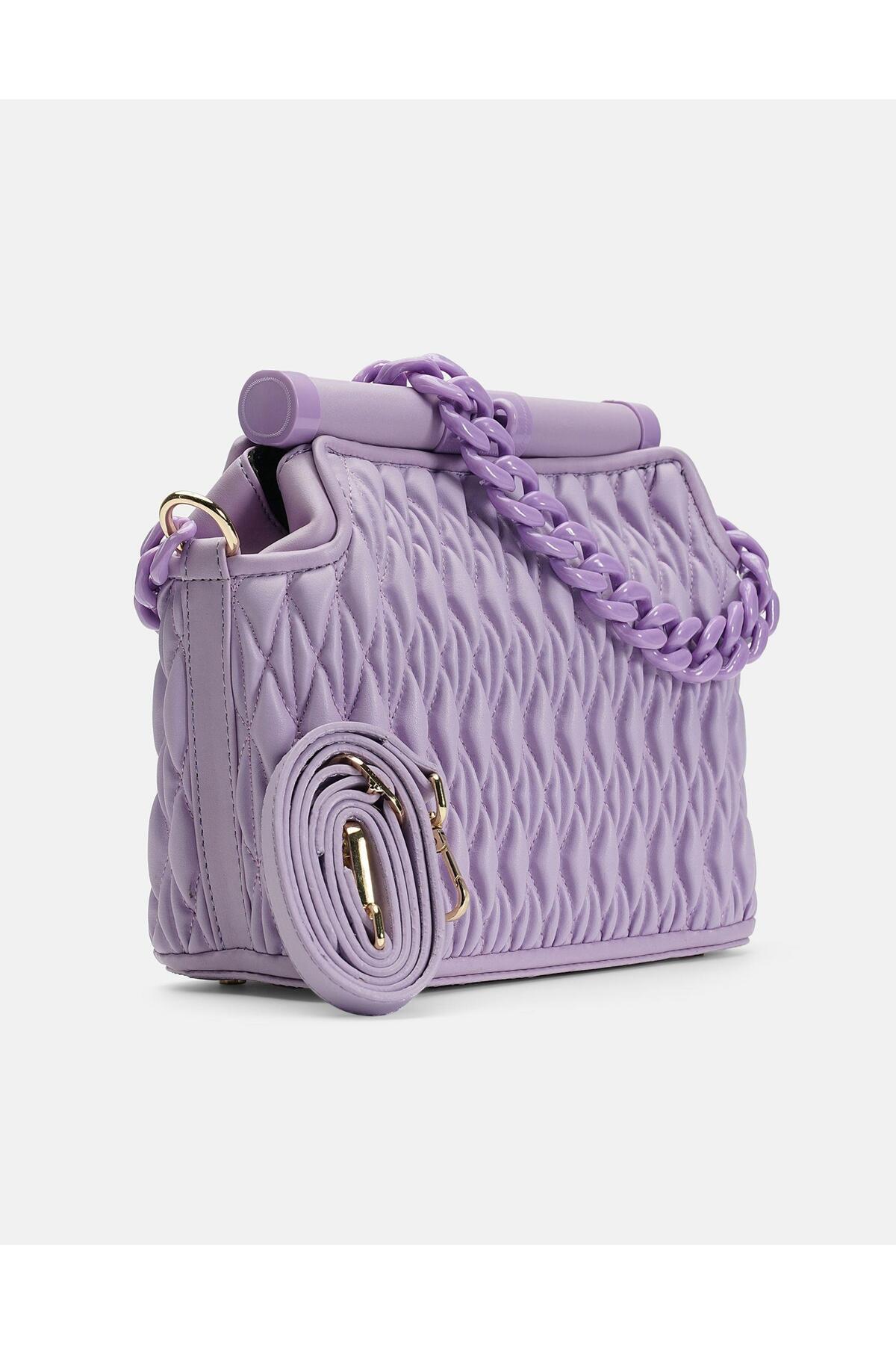 Bag Midnight Elegance Gümüş Gri Zincir Detaylı Suni Deri Kadın Kol ve Omuz Çantası - Lila