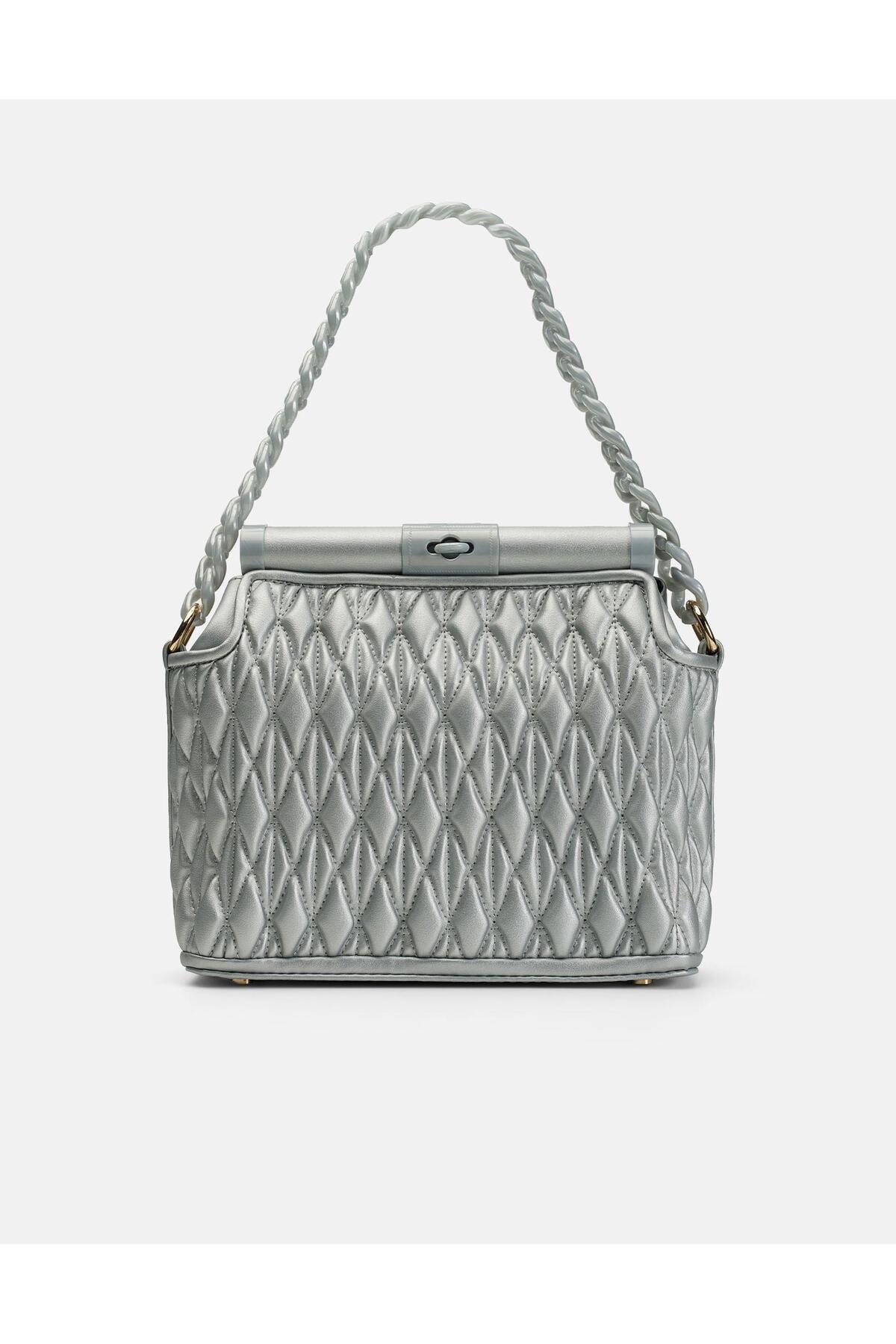 Bag Midnight Elegance Gümüş Gri Zincir Detaylı Suni Deri Kadın Kol ve Omuz Çantası