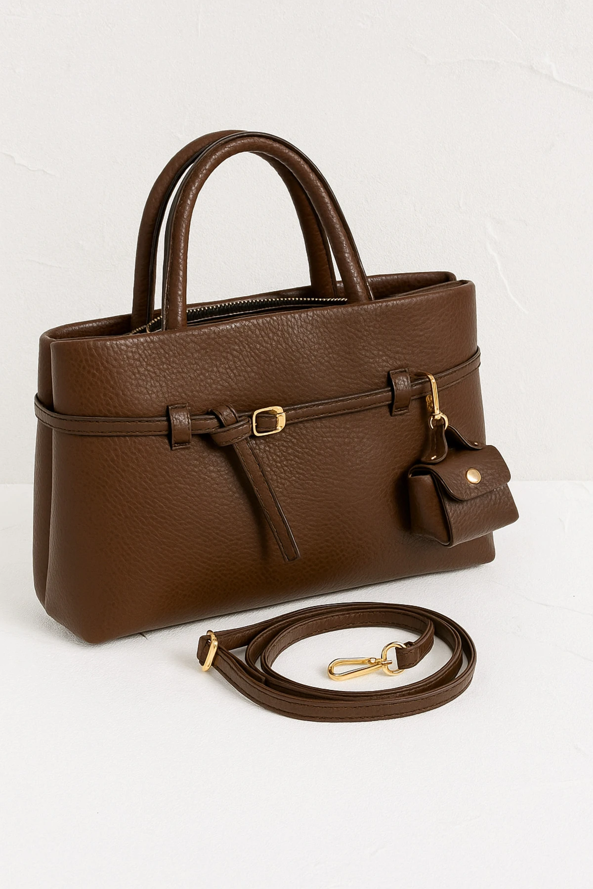 Bag Classic Buckle Kahverengi Fermuarlı Suni Deri Kadın El Çantası Mini Cüzdanlı