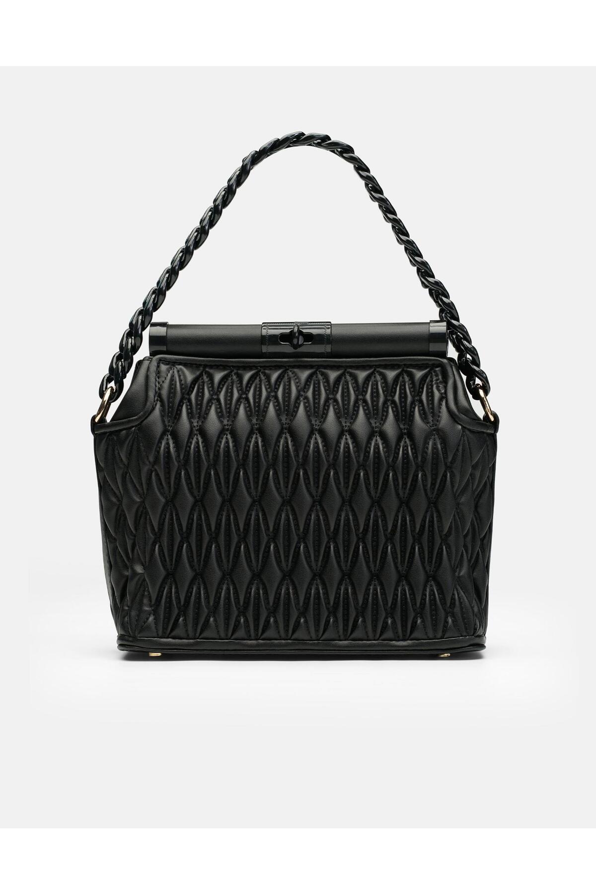 Bag Midnight Elegance Gümüş Gri Zincir Detaylı Suni Deri Kadın Kol ve Omuz Çantası - Siyah