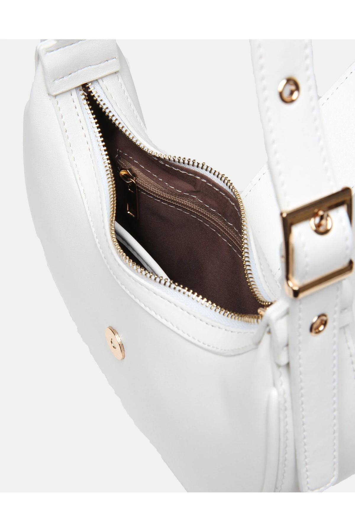 Juvis Bag Oval Charm Beyaz Suni Deri Fermuarlı Baget Kadın Omuz Çantası Gizli Gözlü Askılı