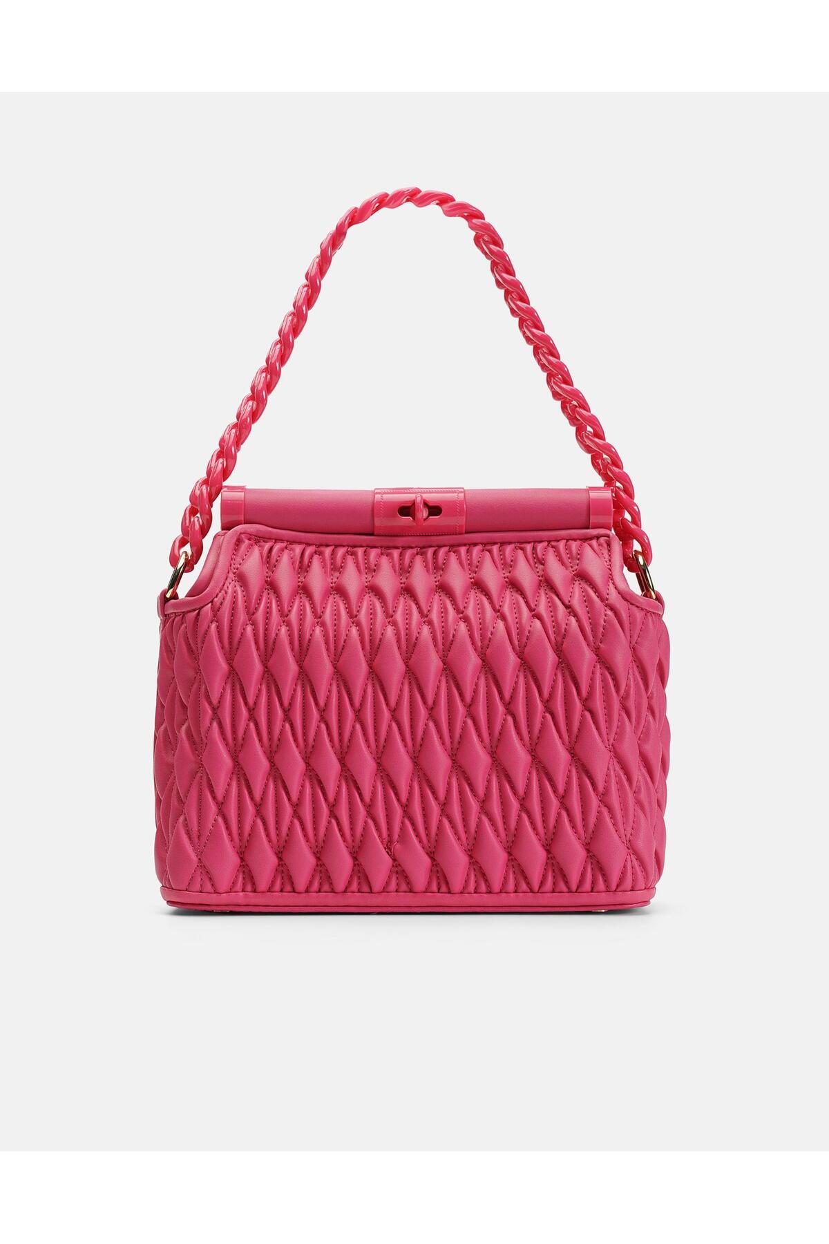 Bag Midnight Elegance Gümüş Gri Zincir Detaylı Suni Deri Kadın Kol ve Omuz Çantası - fuşya