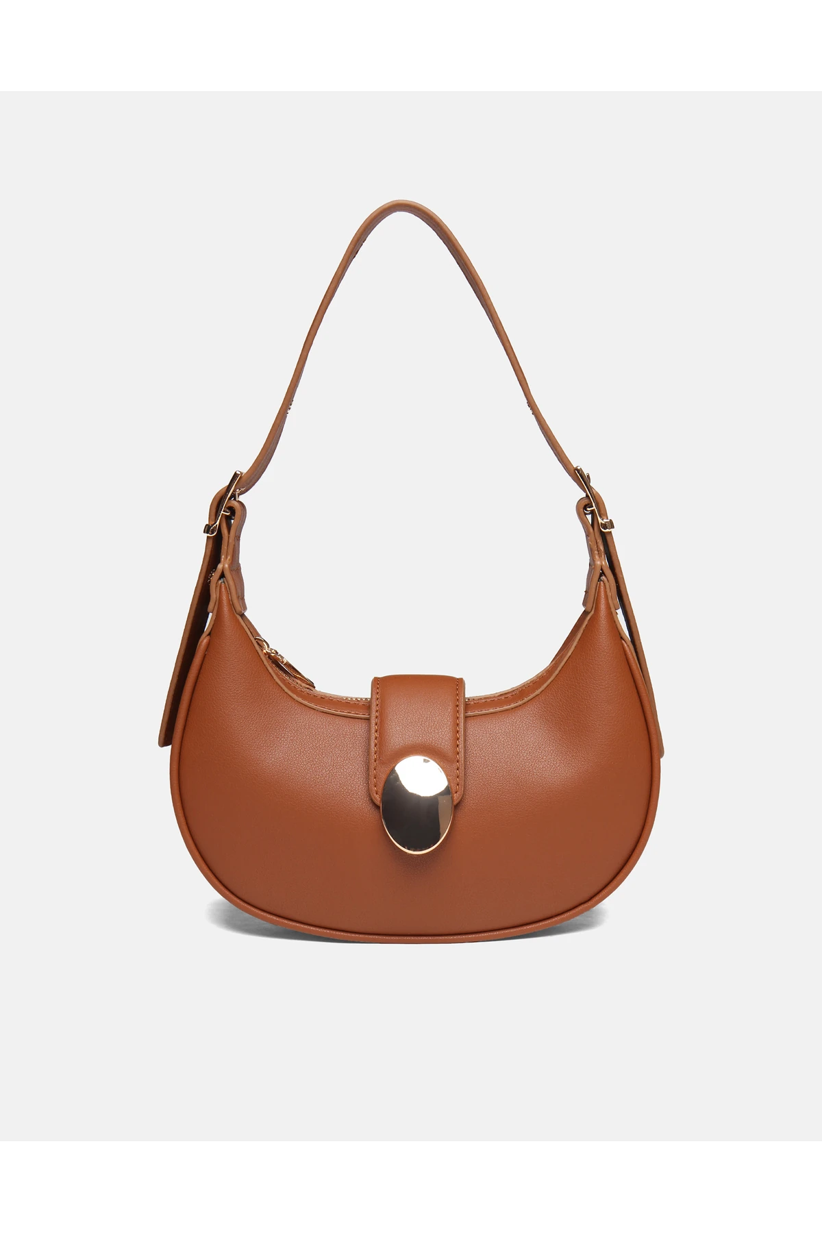 Juvis Bag Oval Charm Beyaz Suni Deri Fermuarlı Baget Kadın Omuz Çantası Gizli Gözlü Askılı - Taba