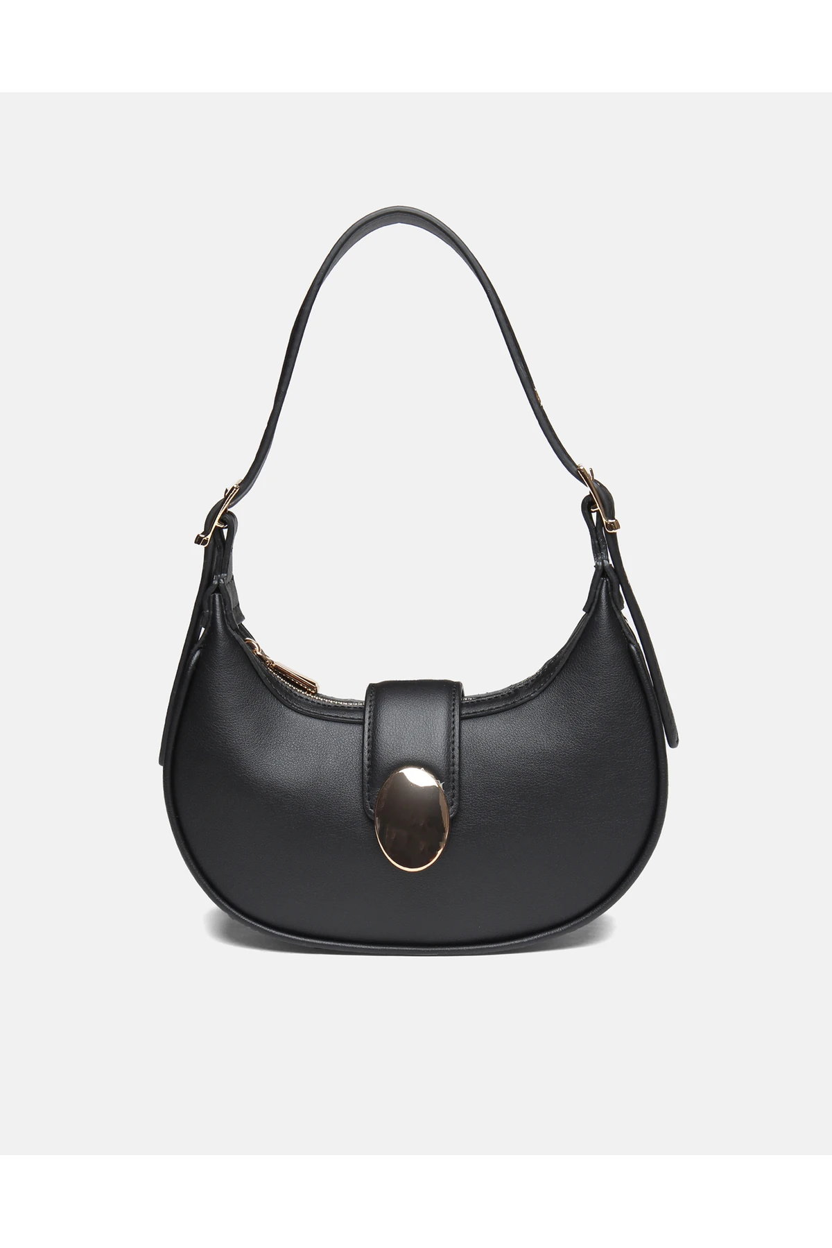 Juvis Bag Oval Charm Beyaz Suni Deri Fermuarlı Baget Kadın Omuz Çantası Gizli Gözlü Askılı - Siyah