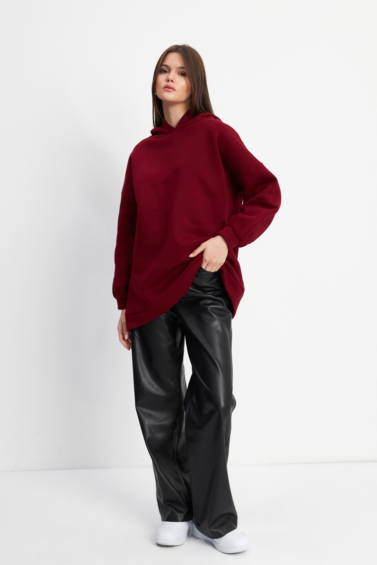 Kadın Bordo Yumuşak Dokulu Oversize Şardonlu Kapüşonlu Sweatshirt