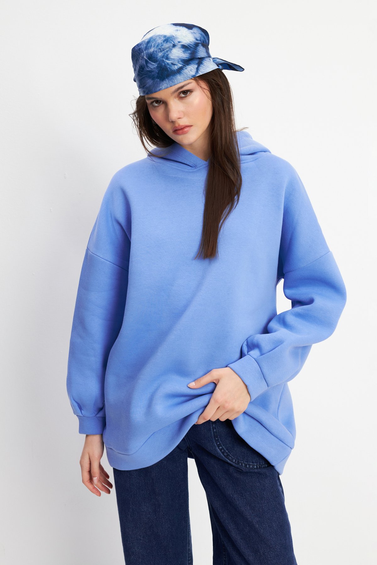 Kadın Bebe Mavisi Yumuşak Dokulu Oversize Şardonlu Kapüşonlu Sweatshirt