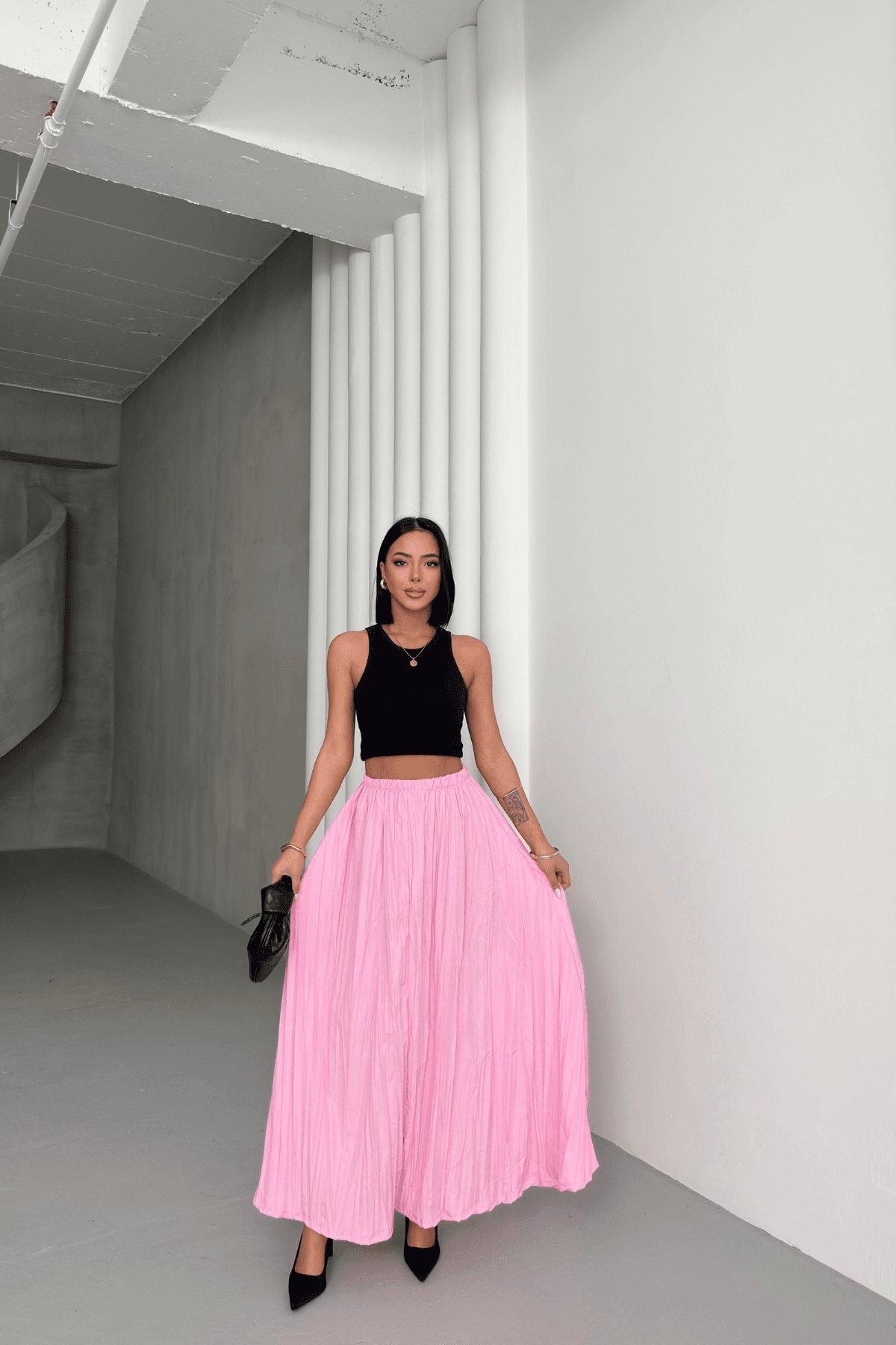 Kadın Pembe Crush Efektli Uzun Kloş Etek