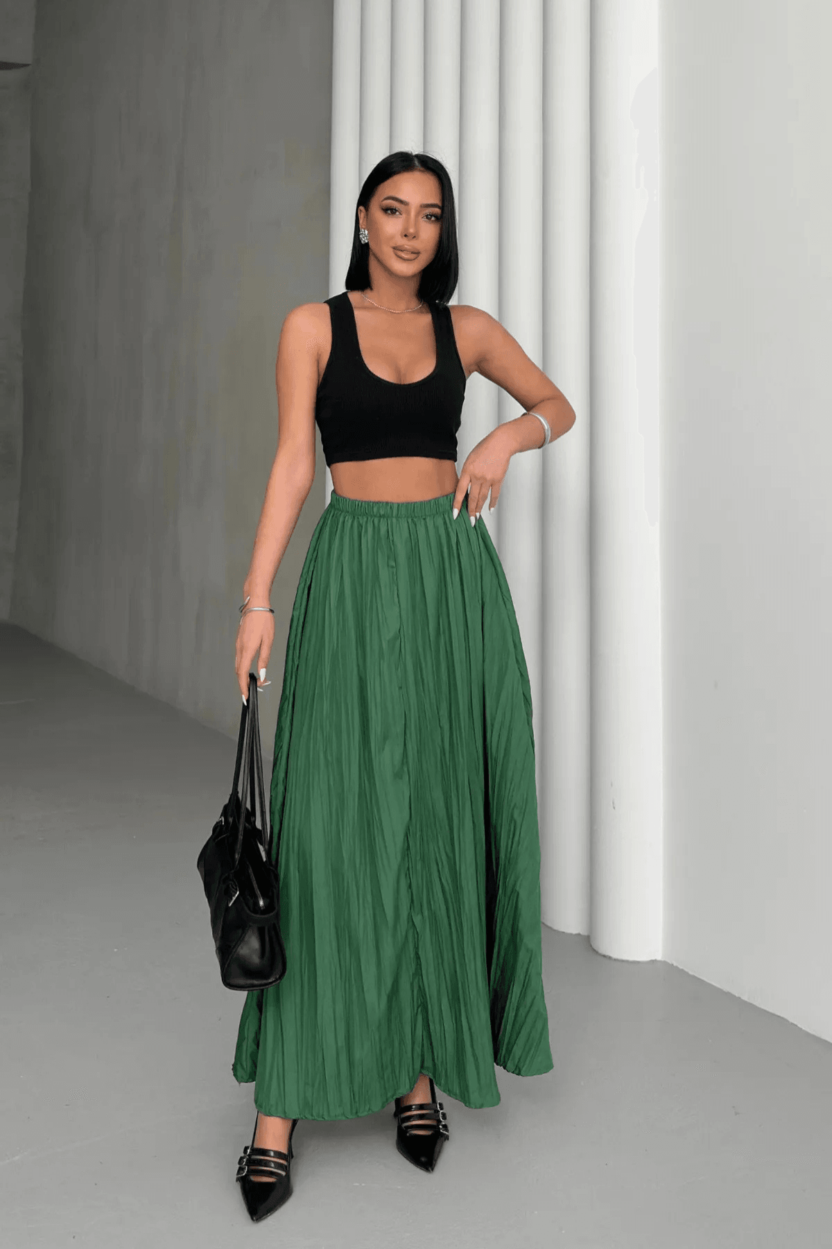 Kadın Benetton Crush Efektli Uzun Kloş Etek