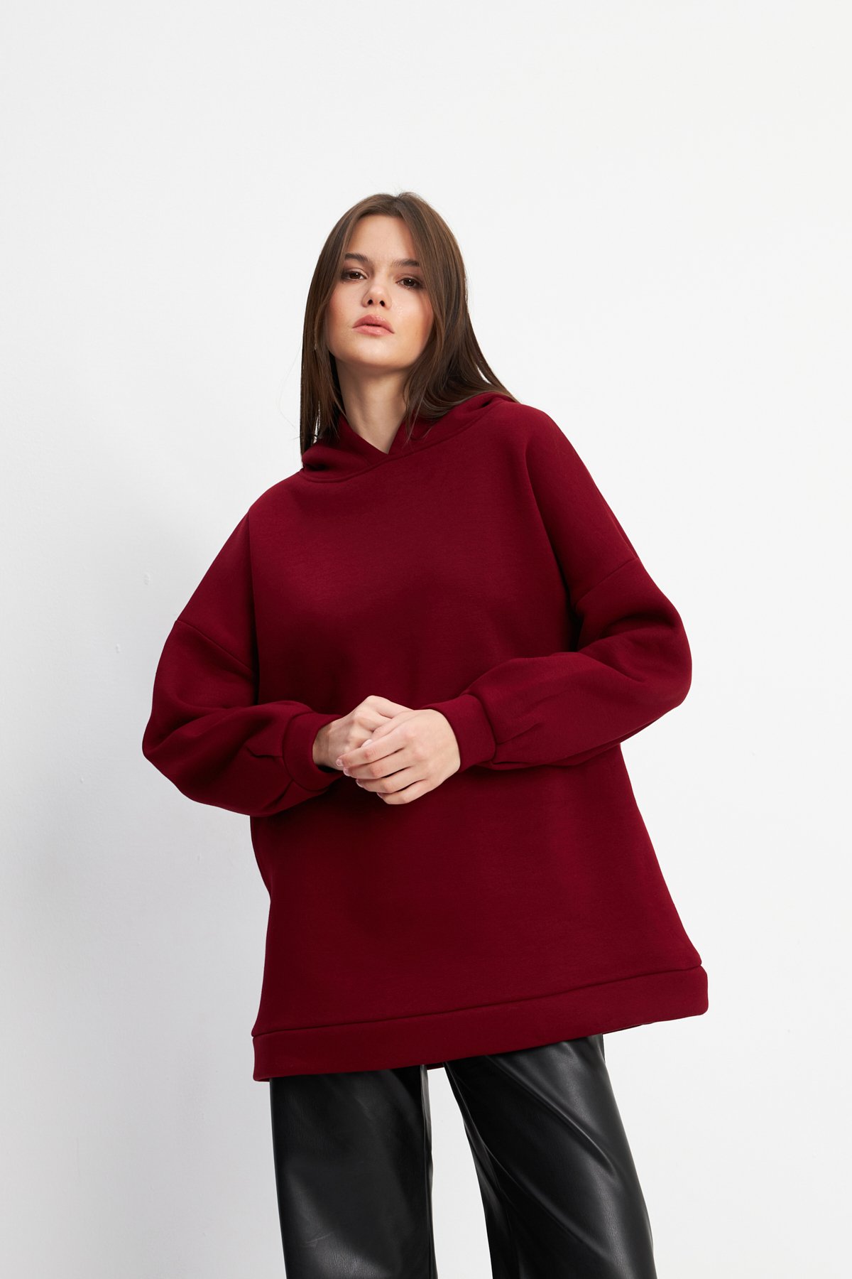 Kadın Bordo Yumuşak Dokulu Oversize Şardonlu Kapüşonlu Sweatshirt