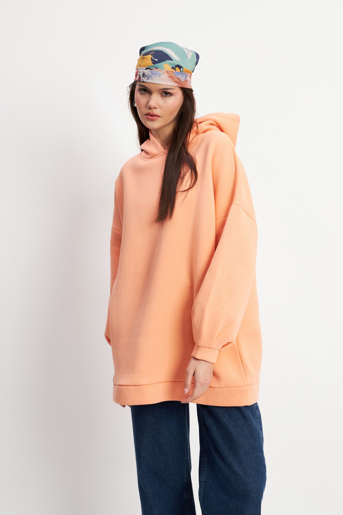 Kadın Somon Yumuşak Dokulu Oversize Şardonlu Kapüşonlu Sweatshirt