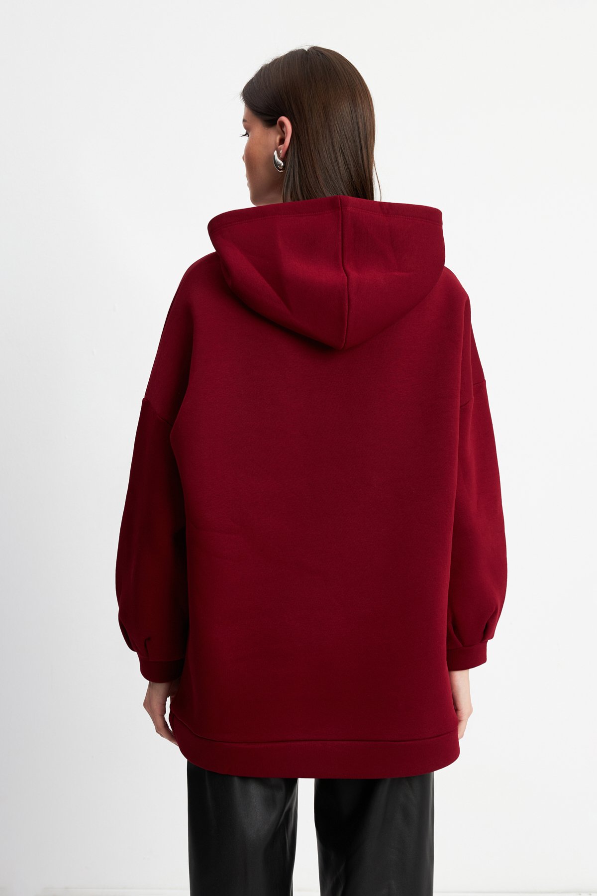 Kadın Bordo Yumuşak Dokulu Oversize Şardonlu Kapüşonlu Sweatshirt