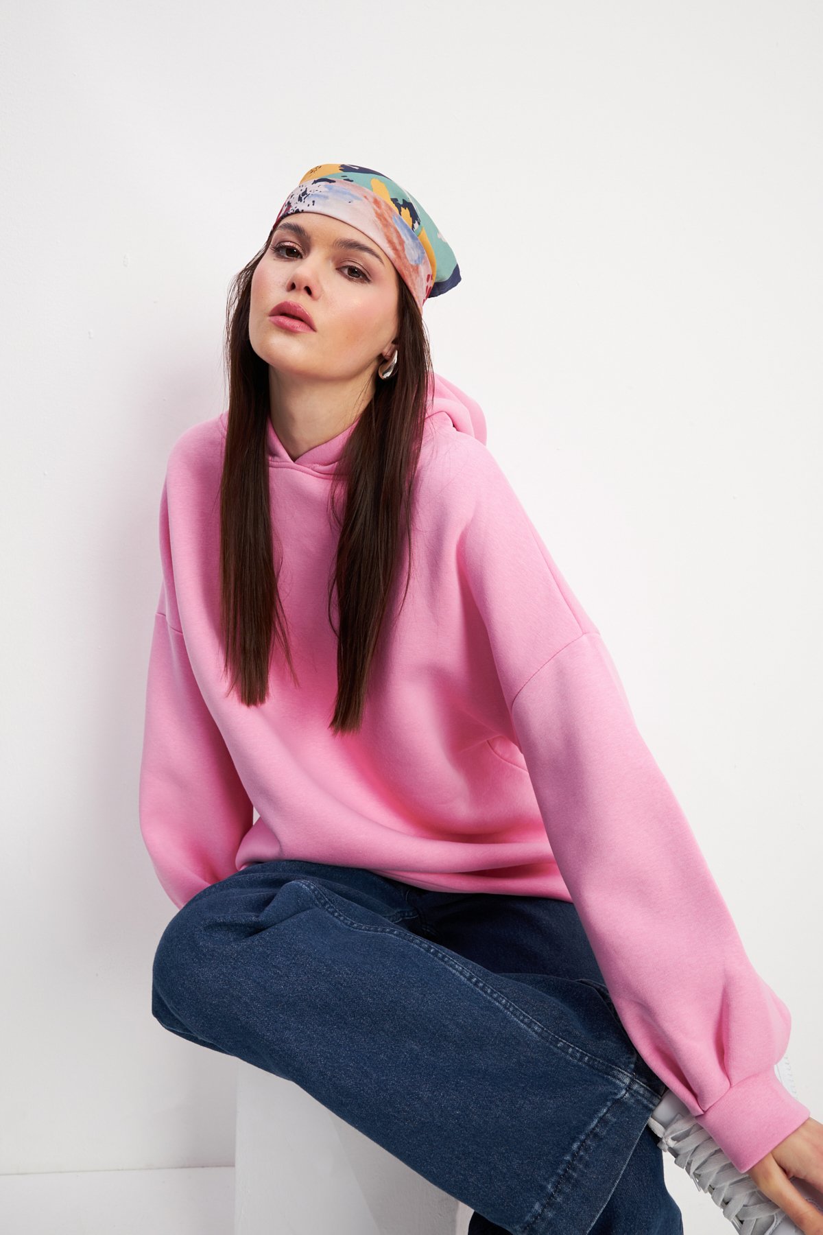 Kadın Pembe Yumuşak Dokulu Oversize Şardonlu Kapüşonlu Sweatshirt