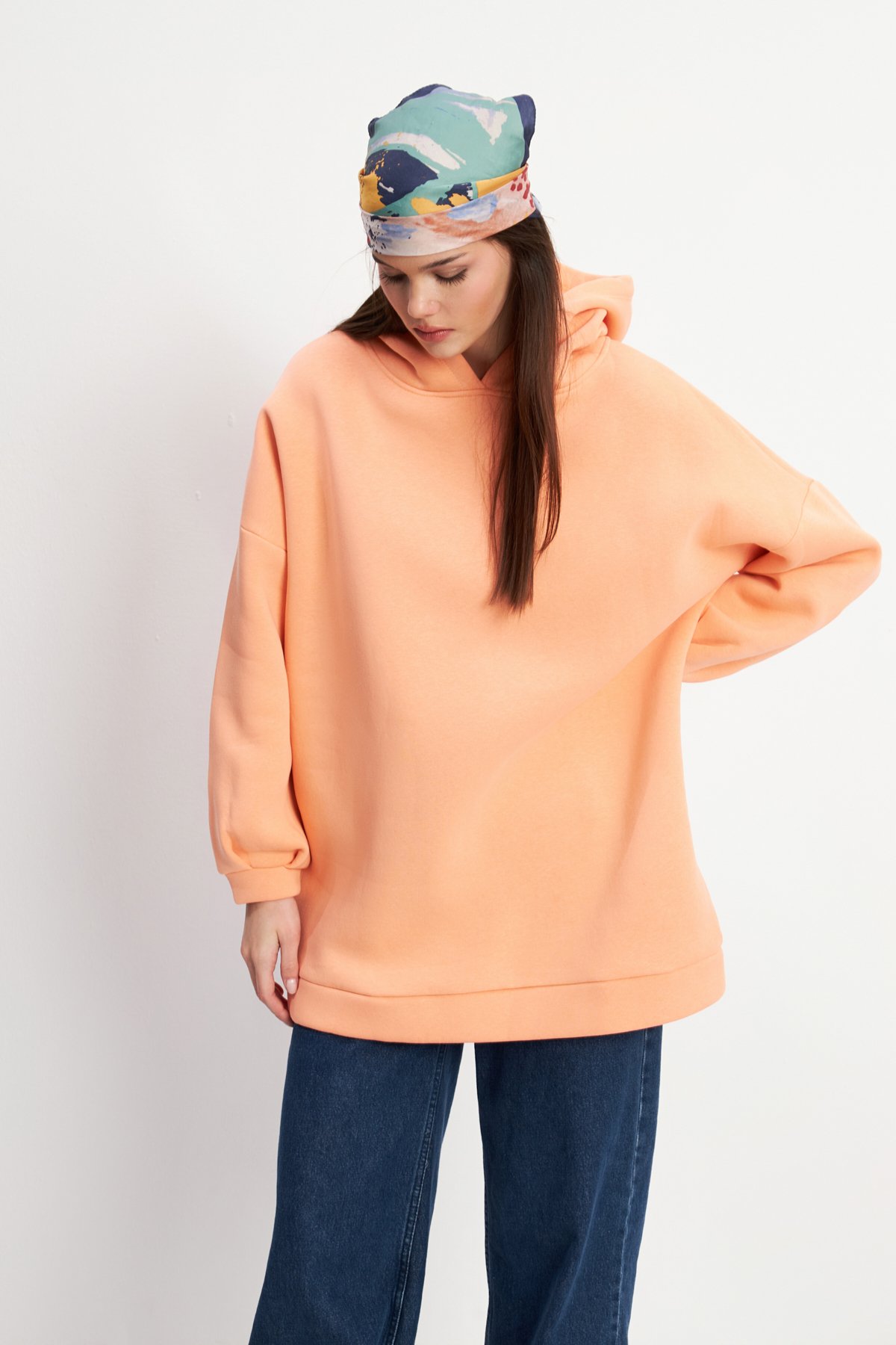 Kadın Somon Yumuşak Dokulu Oversize Şardonlu Kapüşonlu Sweatshirt