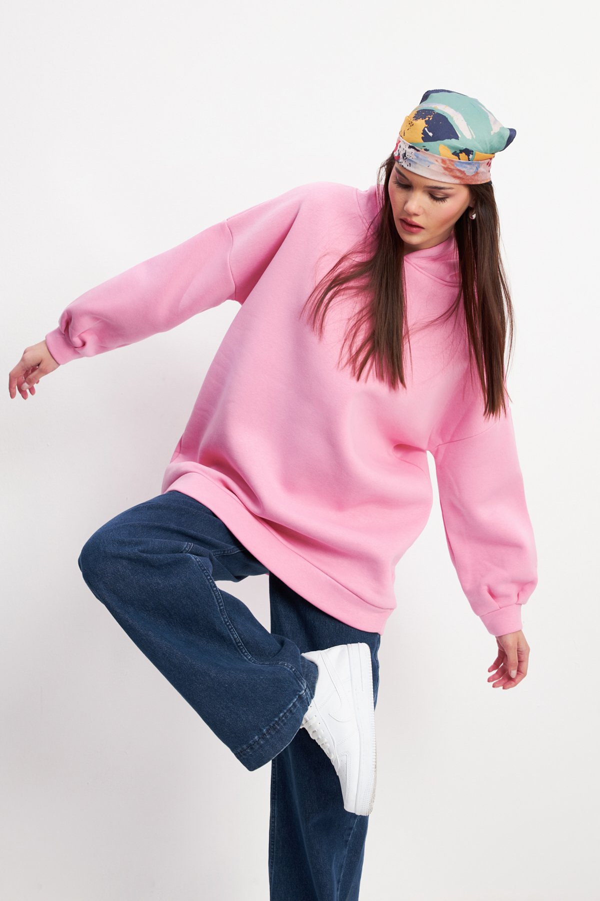 Kadın Pembe Yumuşak Dokulu Oversize Şardonlu Kapüşonlu Sweatshirt