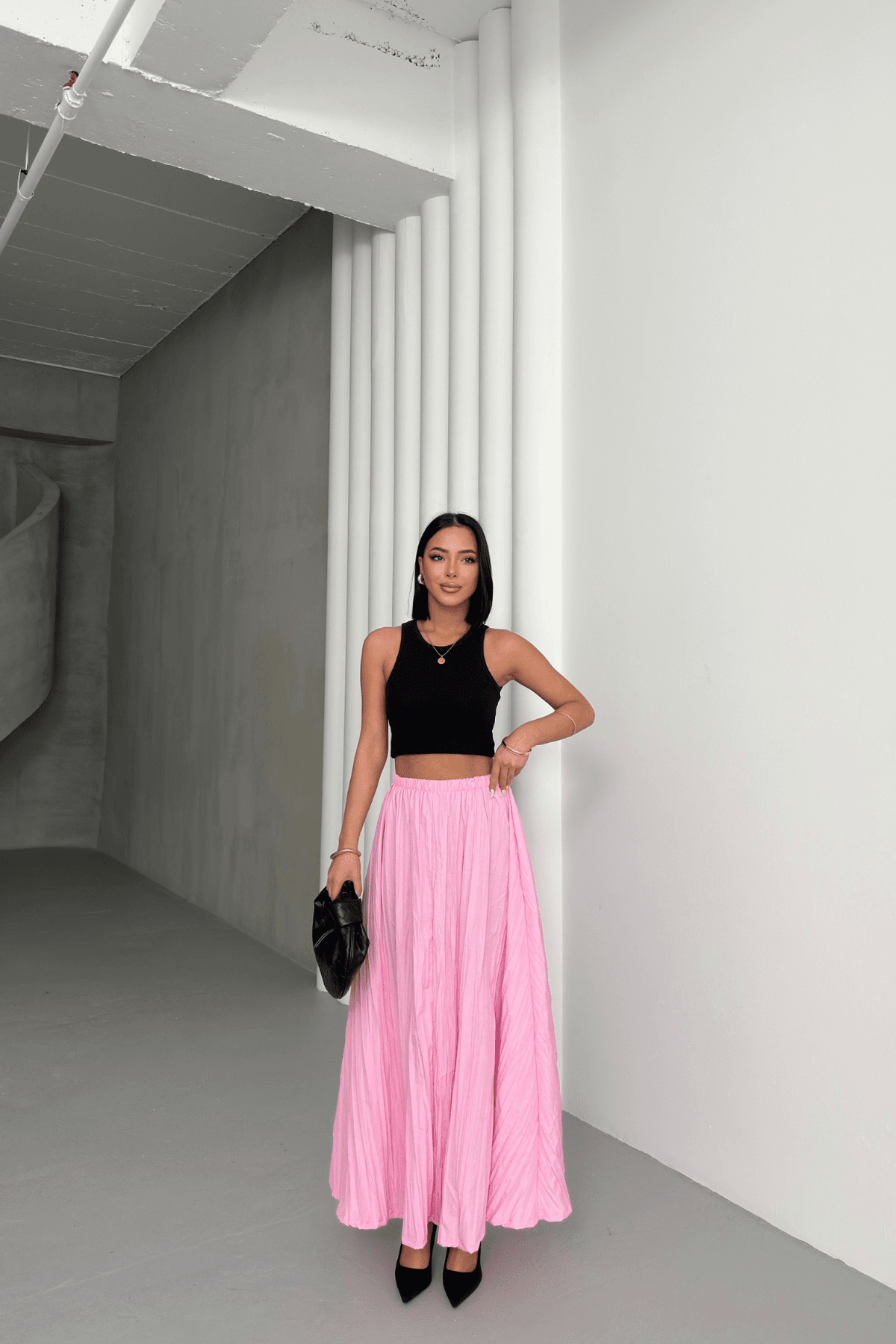 Kadın Pembe Crush Efektli Uzun Kloş Etek