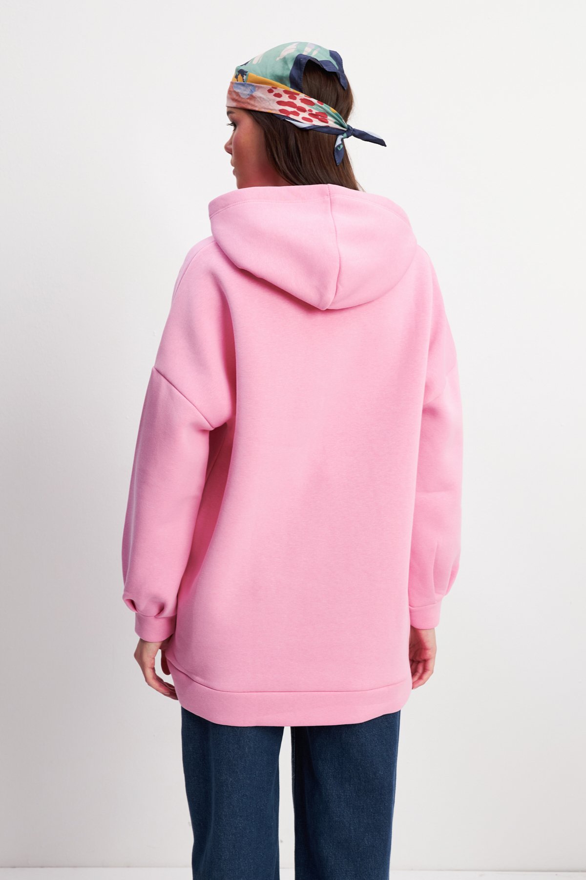 Kadın Pembe Yumuşak Dokulu Oversize Şardonlu Kapüşonlu Sweatshirt