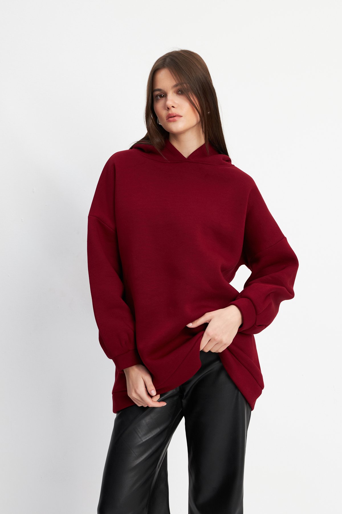 Kadın Bordo Yumuşak Dokulu Oversize Şardonlu Kapüşonlu Sweatshirt