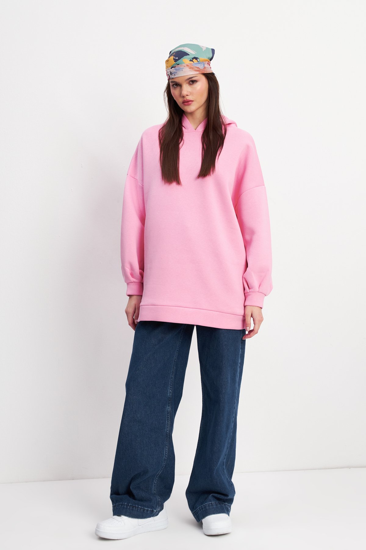 Kadın Pembe Yumuşak Dokulu Oversize Şardonlu Kapüşonlu Sweatshirt