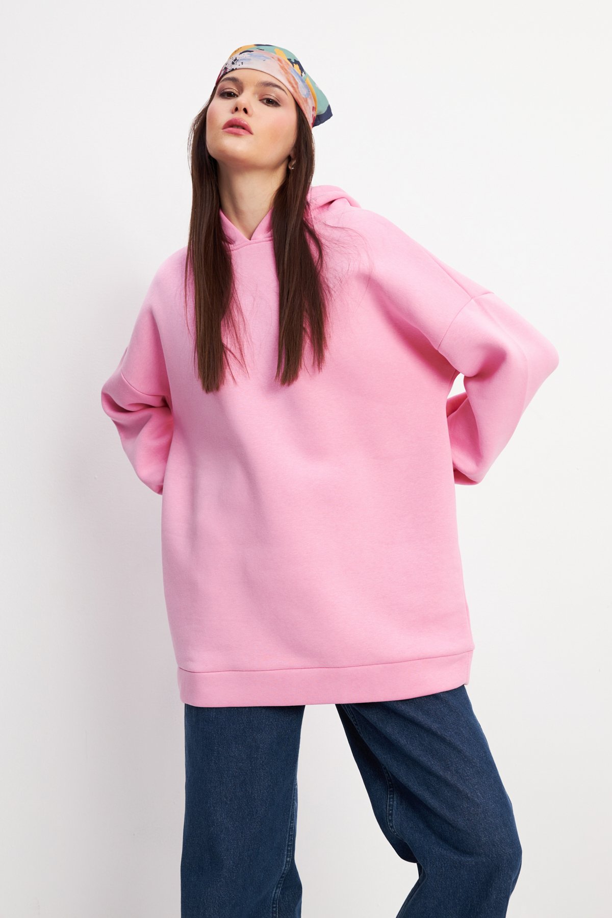 Kadın Pembe Yumuşak Dokulu Oversize Şardonlu Kapüşonlu Sweatshirt