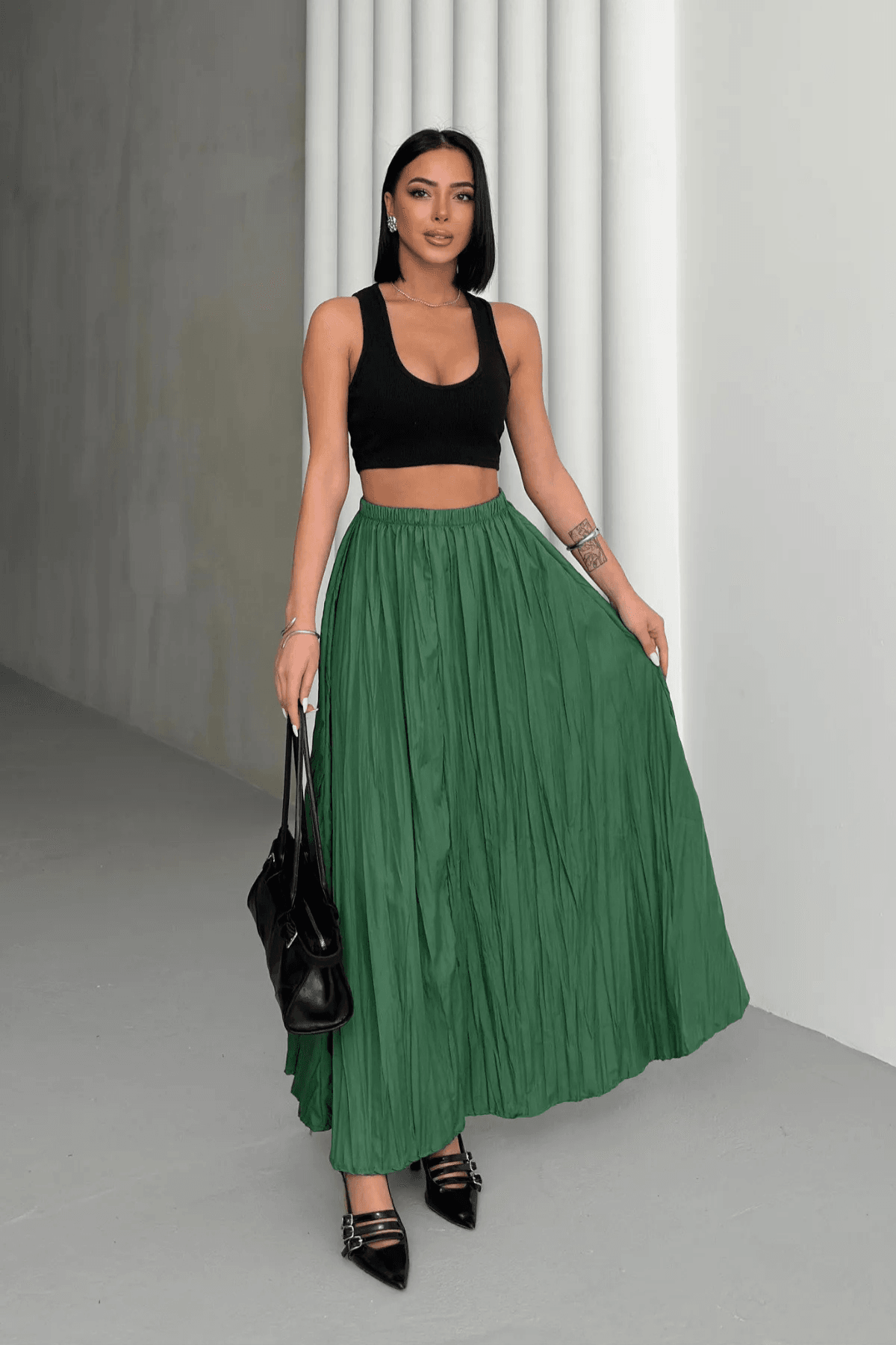 Kadın Benetton Crush Efektli Uzun Kloş Etek
