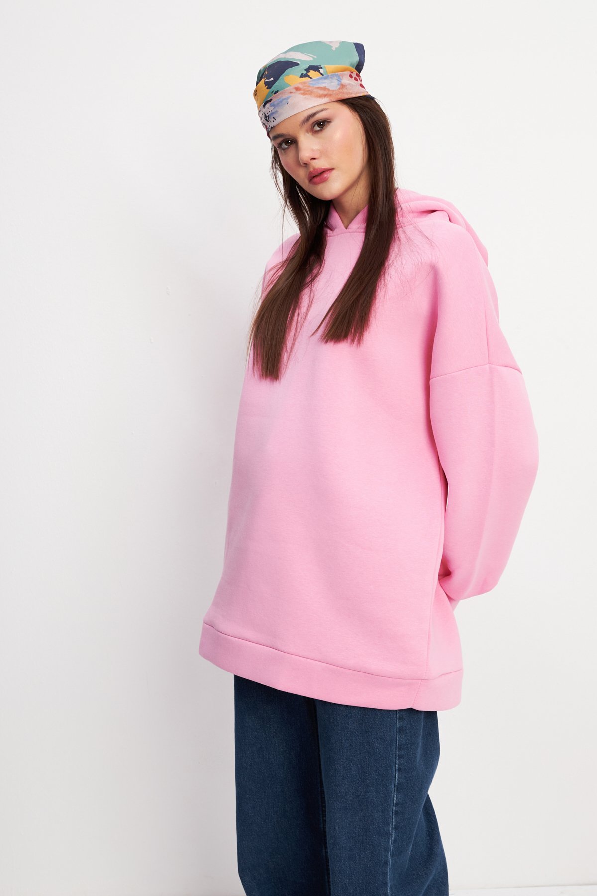 Kadın Pembe Yumuşak Dokulu Oversize Şardonlu Kapüşonlu Sweatshirt