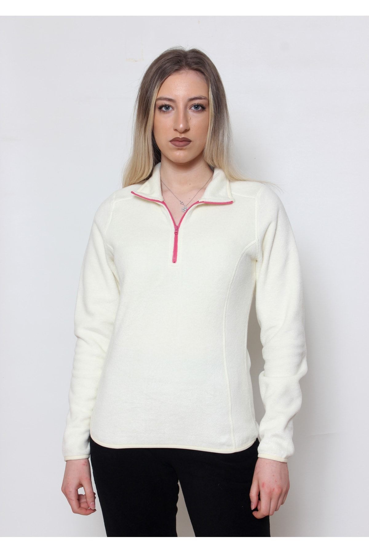Kadın Polar Yarım Fermuar Dar Kalıp Sweatshirt - ekru