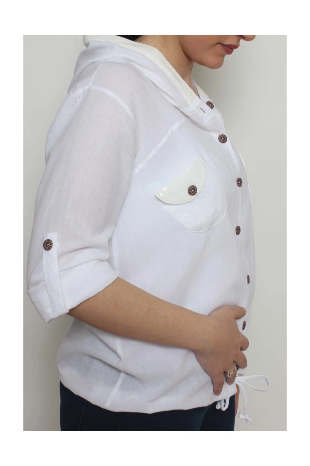 Kadın Pul Detaylı Kapüşonlu Ceket