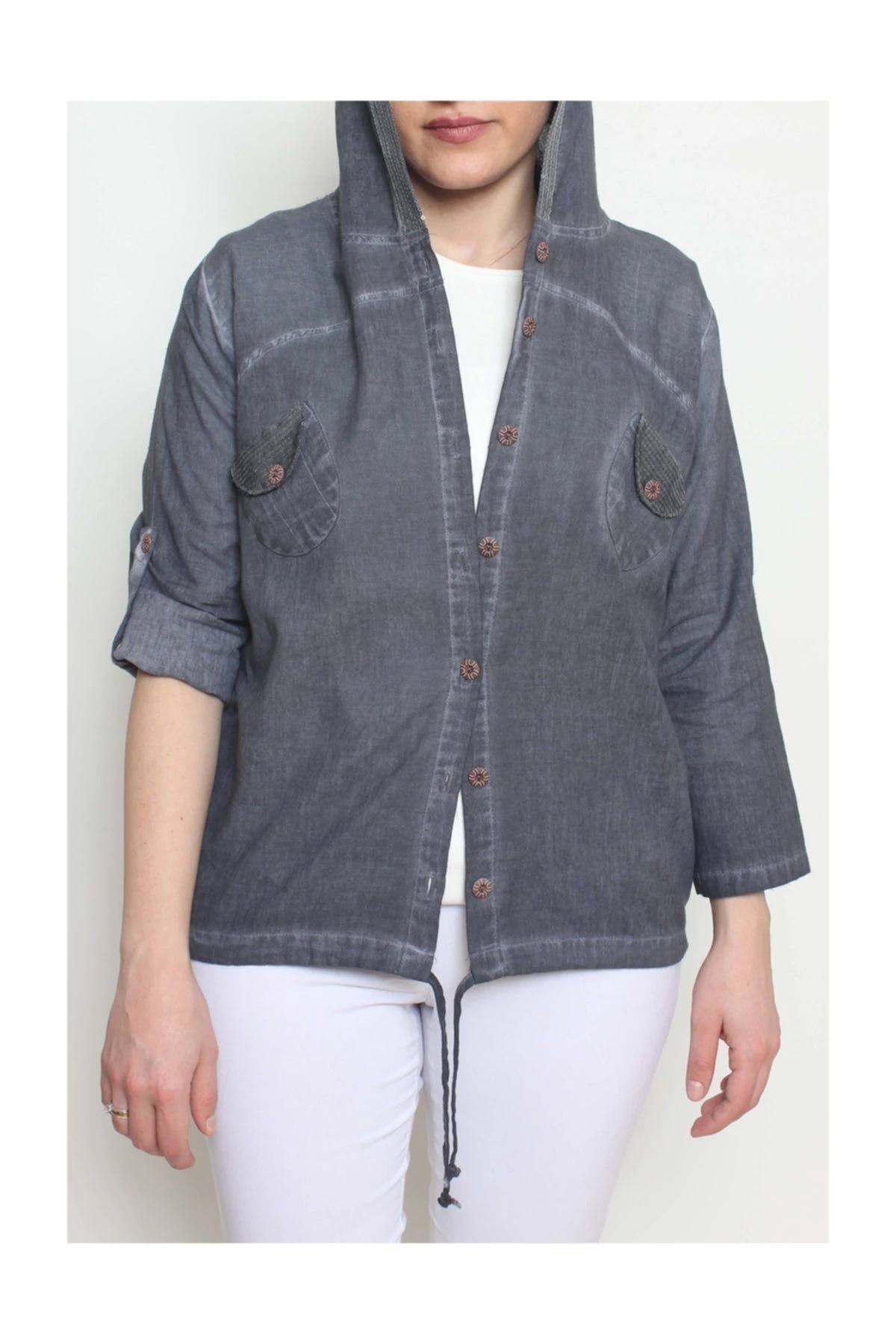 Kadın Pul Detaylı Kapüşonlu Ceket