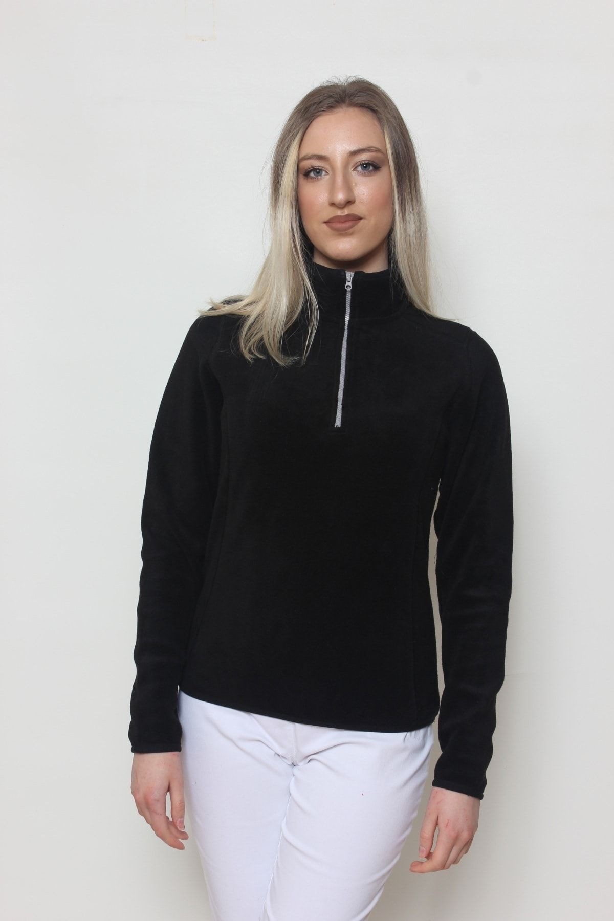 Kadın Polar Yarım Fermuar Dar Kalıp Sweatshirt - siyah