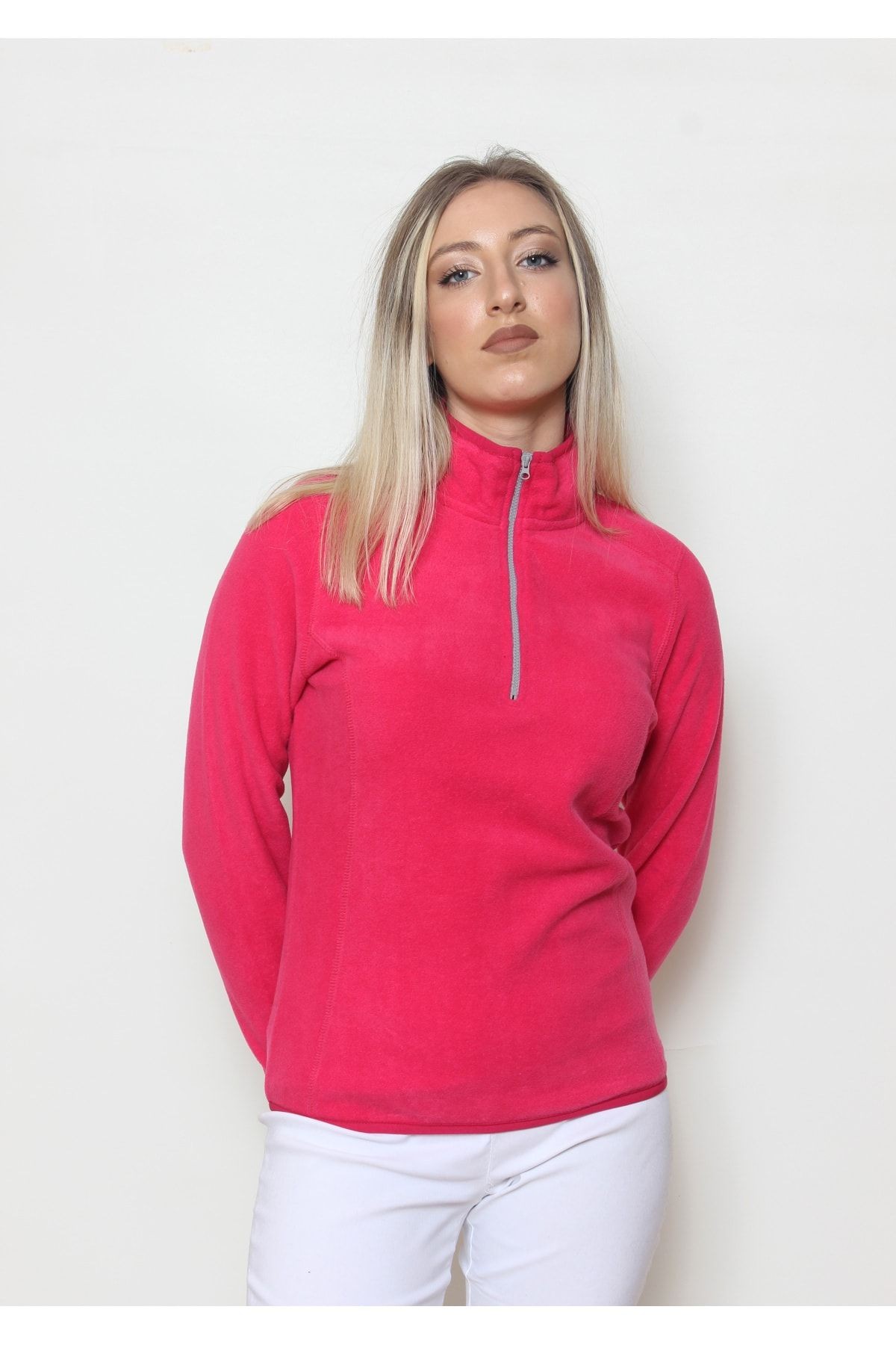 Kadın Polar Yarım Fermuar Dar Kalıp Sweatshirt - pembe