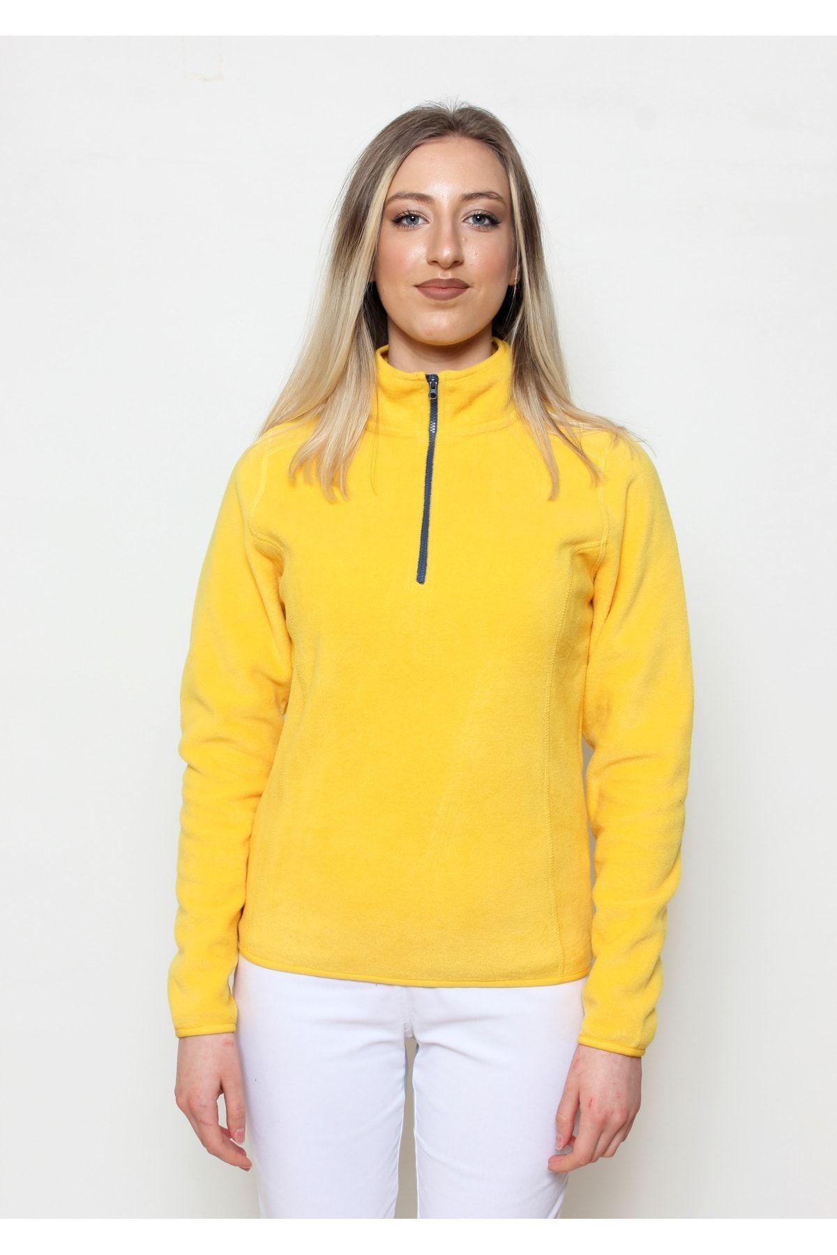 Kadın Polar Yarım Fermuar Dar Kalıp Sweatshirt - sarı