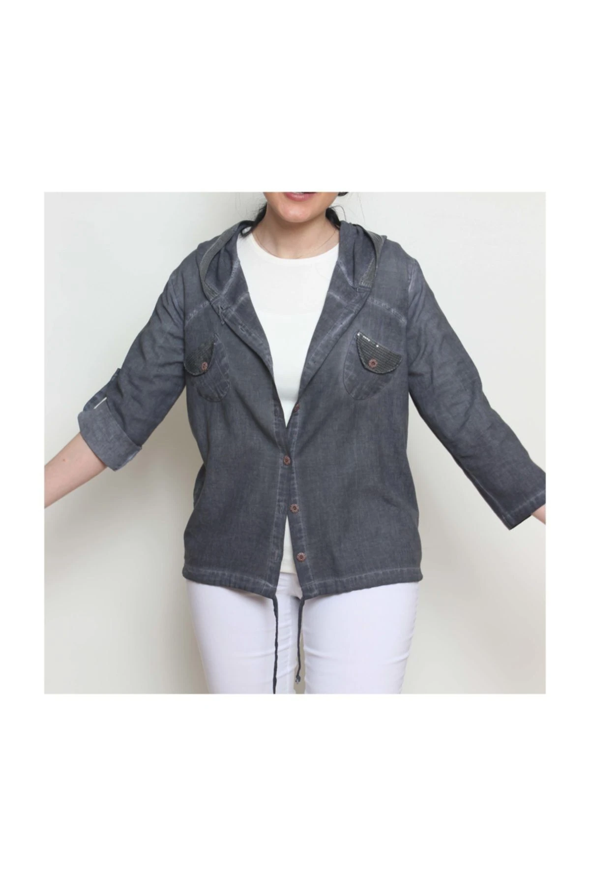 Kadın Pul Detaylı Kapüşonlu Ceket
