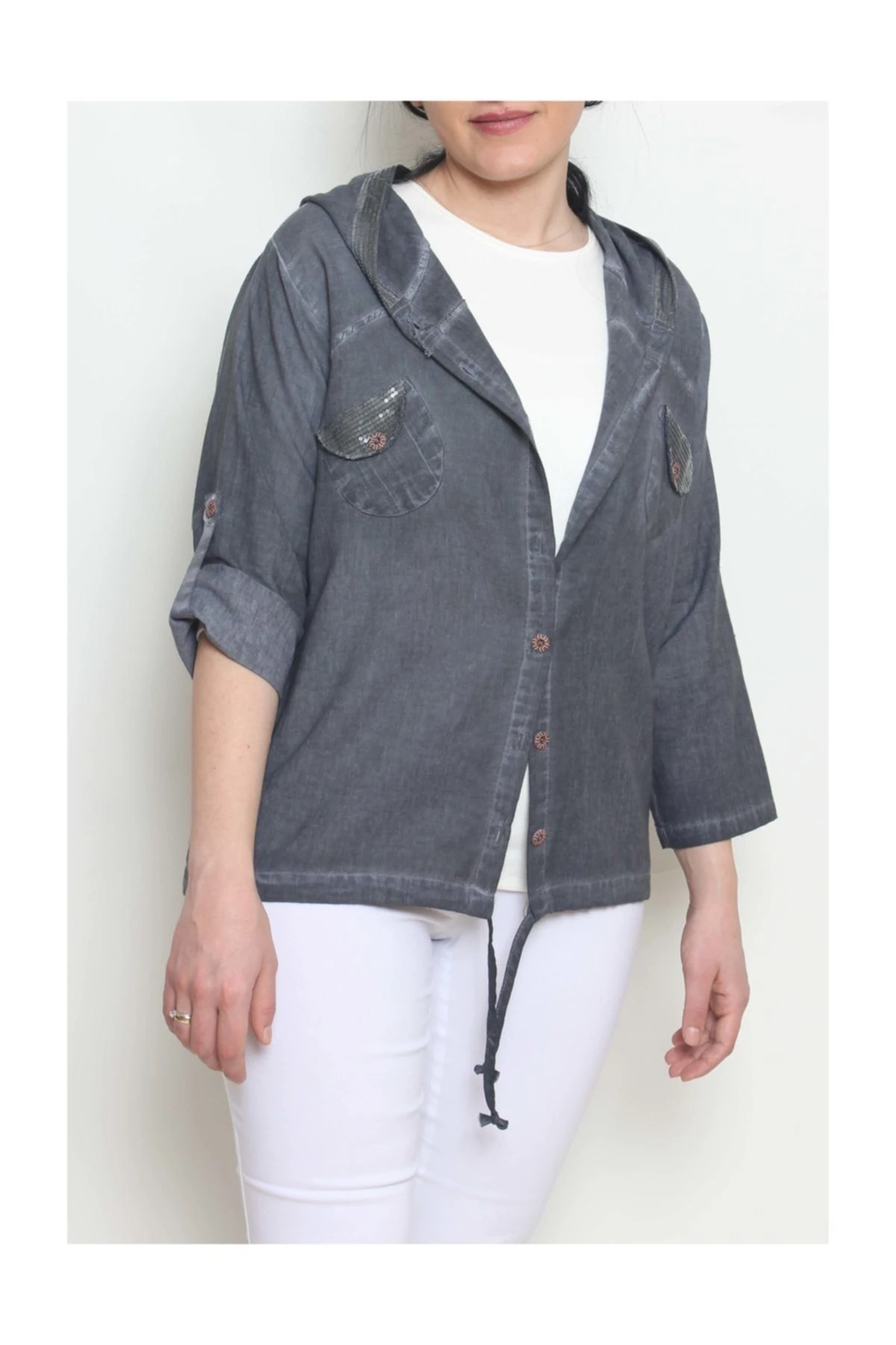 Kadın Pul Detaylı Kapüşonlu Ceket