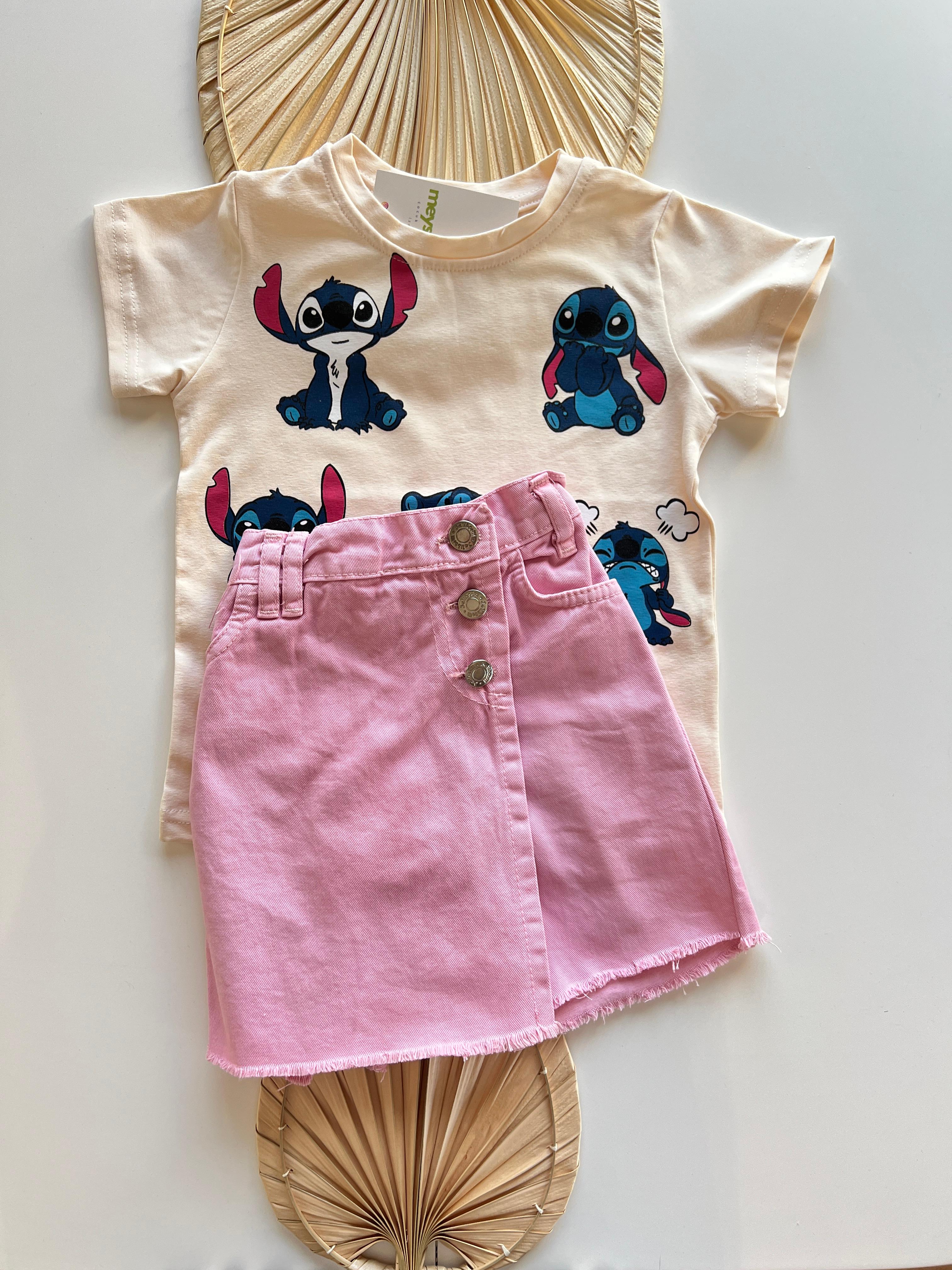 Stitch Baskılı Kot Şort Etekli Takım