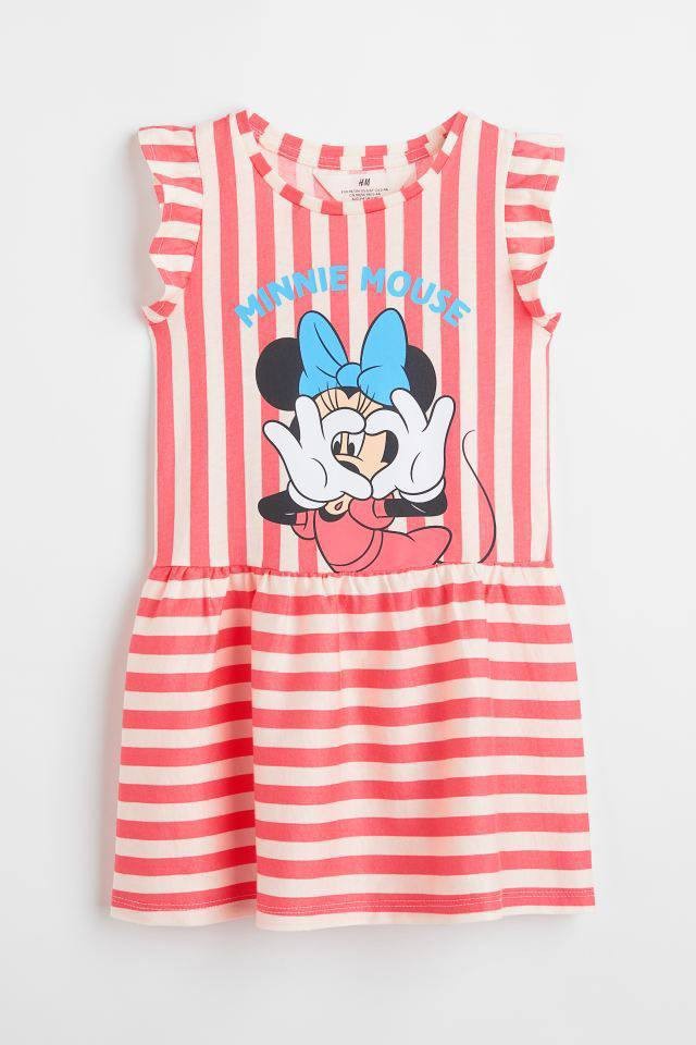 Minnie Mouse Baskılı Çizgili Kız Çocuk Elbise